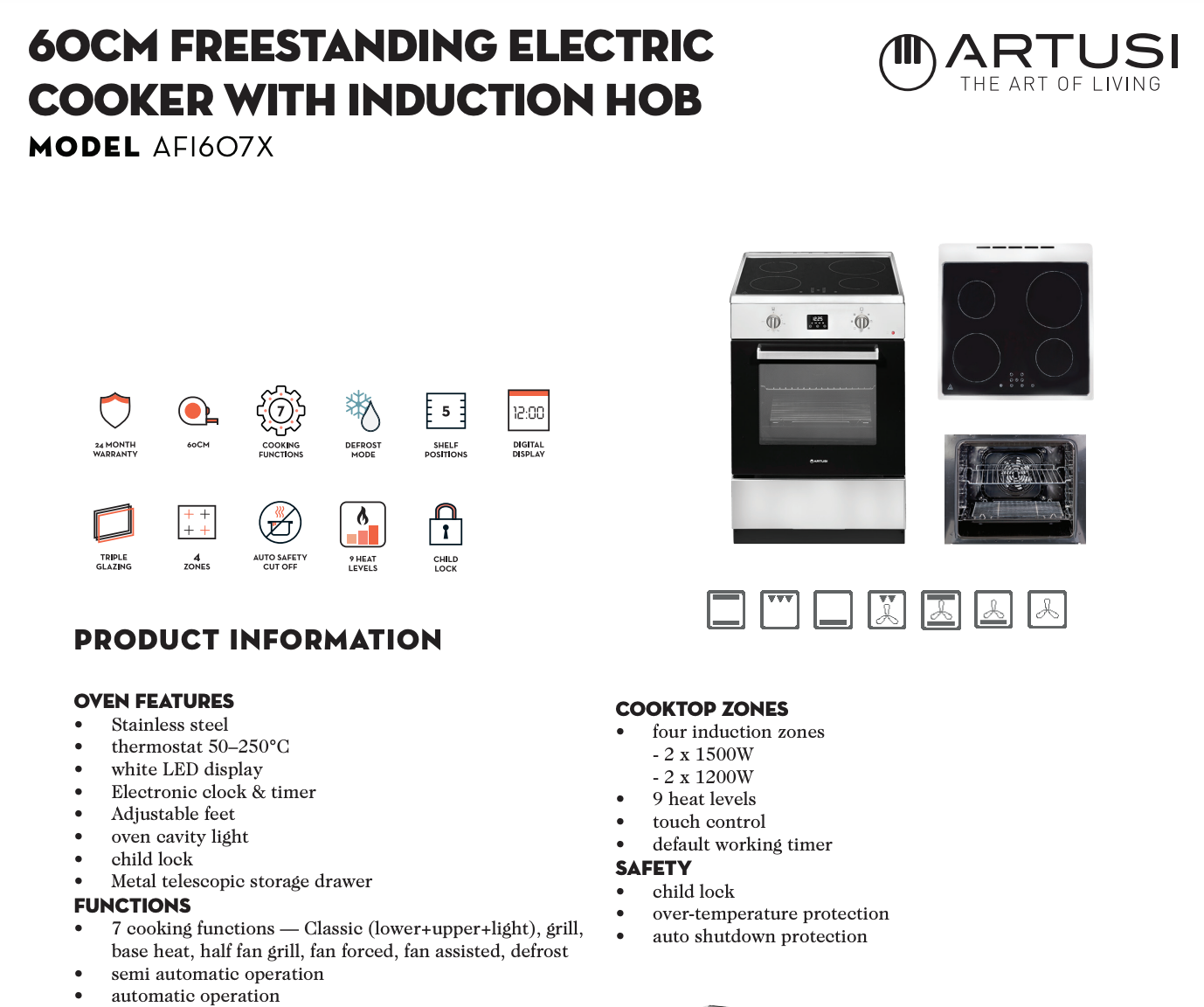Artusi AFI607X 60cm Built-in Induction Cooktop - Stainless Steel Electric Stove with Touch Control - Perfect for Modern Kitchens & Home Cooking
