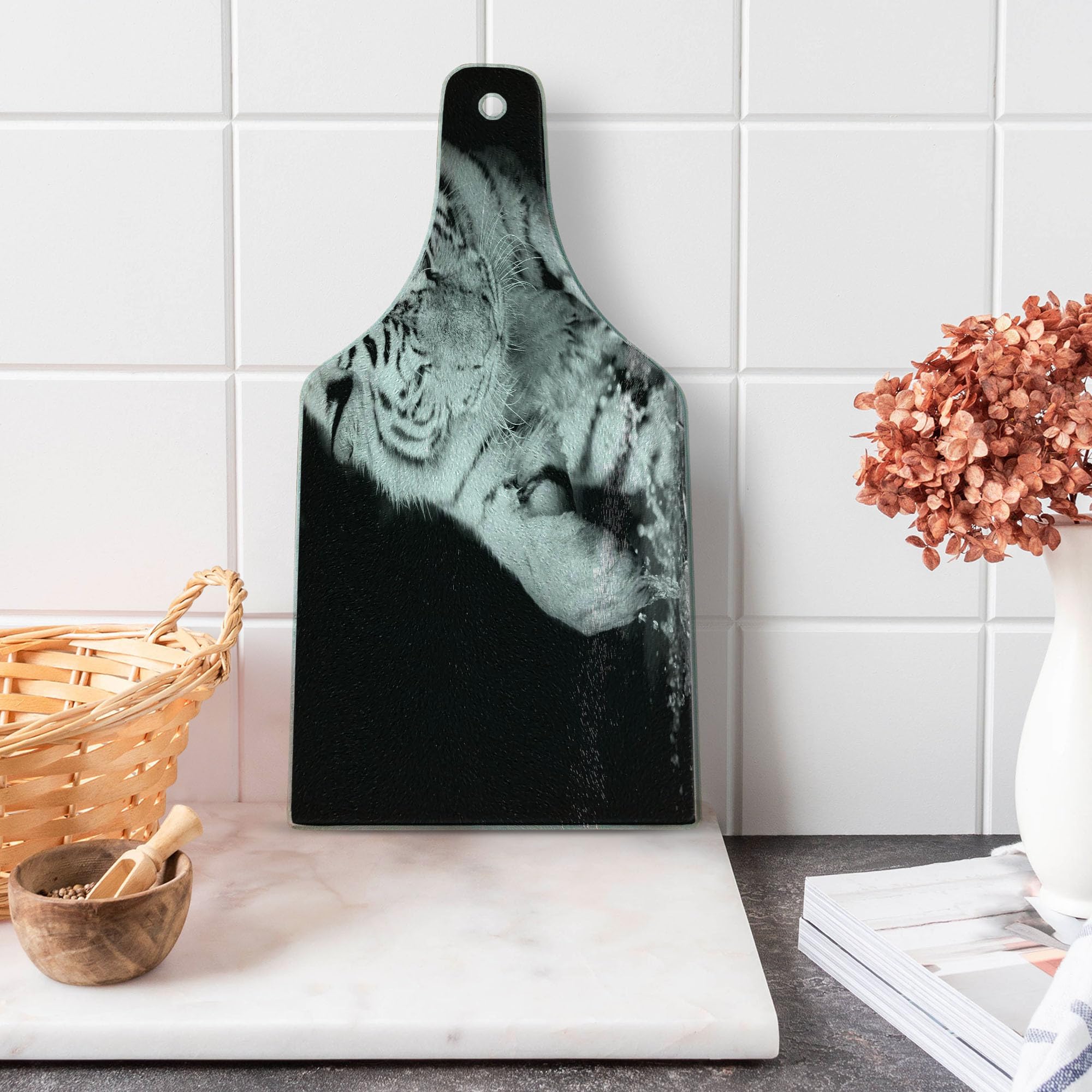 Ambesonne Tiger Tempered Glass Cutting Board - Black and White Large Cat Playing with Water Design - Decorative Serving Board with Wine Bottle Shape - Perfect for Kitchen Use, Charcuterie Display, and Party Serving