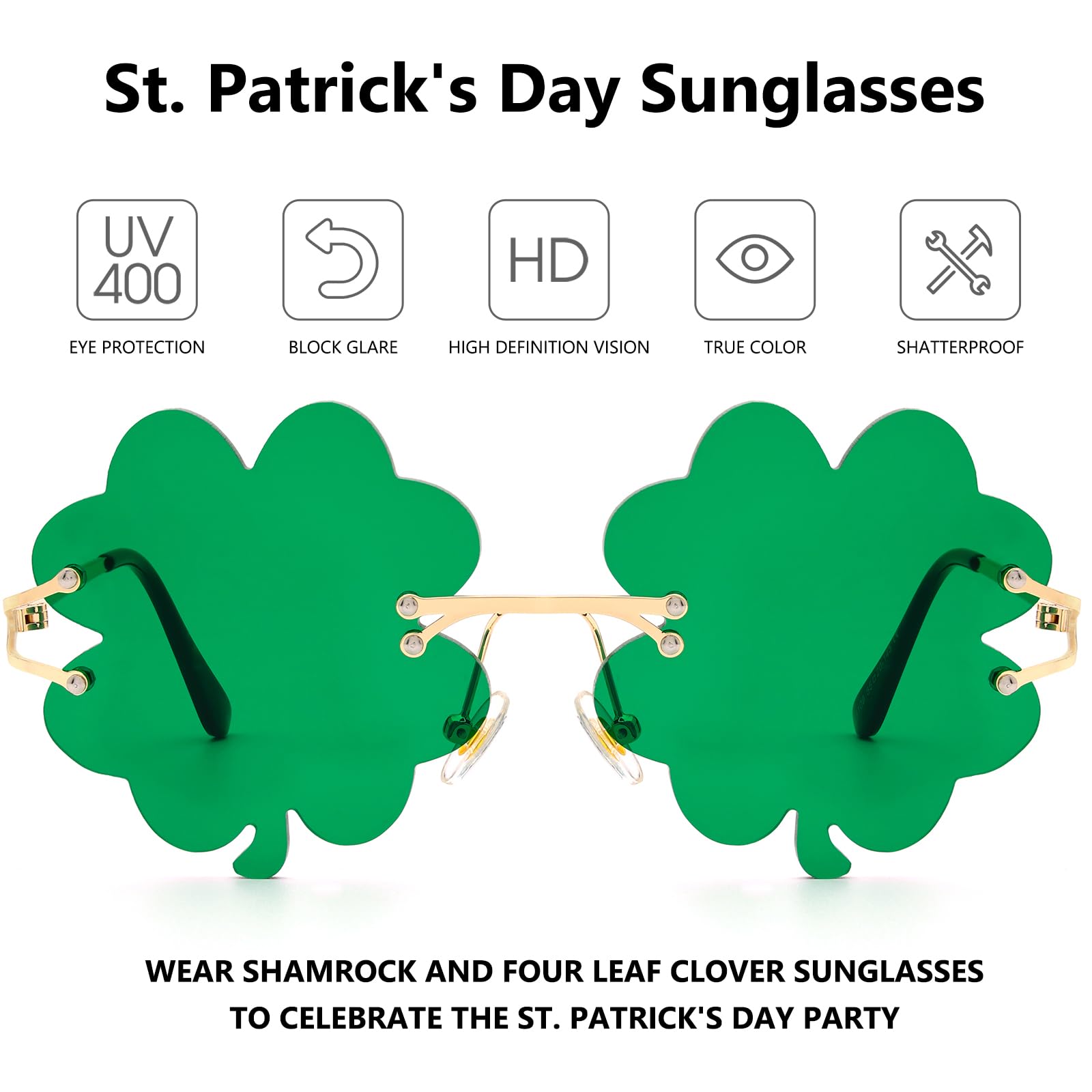 St. Patrick's Day Sunglasses for Women & Men - Irish Shamrock Green Four Leaf Clover Costume Party Glasses | Fun Festival, Parade, Pub Crawl Accessories