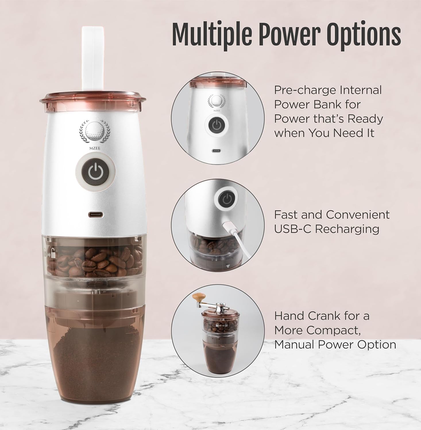 Premium Portable Burr Coffee Grinder - Electric & Manual 2-in-1 Adjustable Mill with 5 Precise Grind Settings for Espresso, Drip, Pour Over, Cold Brew & Percolator - Perfect for Home, Office & Travel (White)