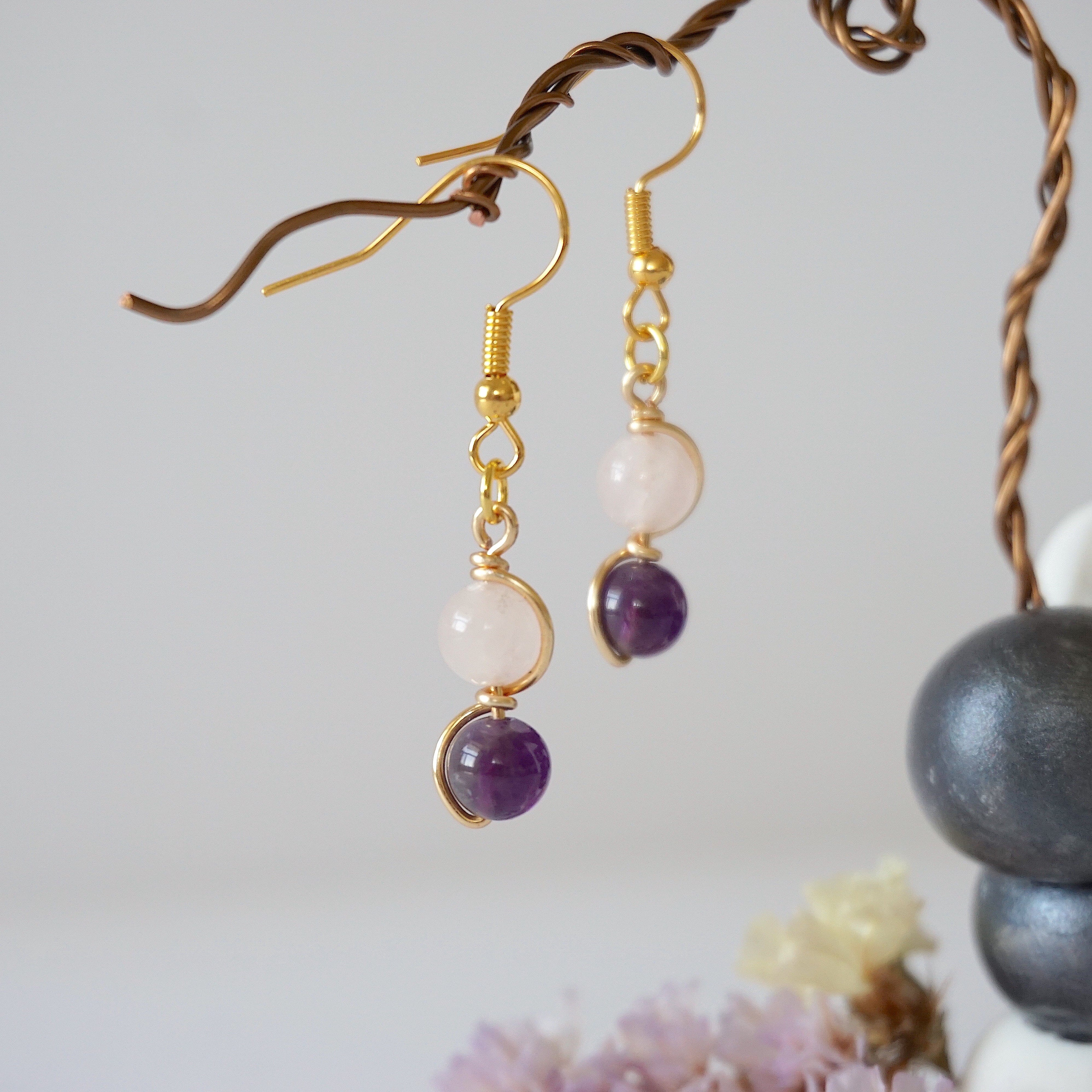 Rose Quartz & Amethyst Drop Earrings - Gold Plated Double Bead Dangle Jewelry for Women | Perfect for Weddings, Parties & Everyday Elegance
