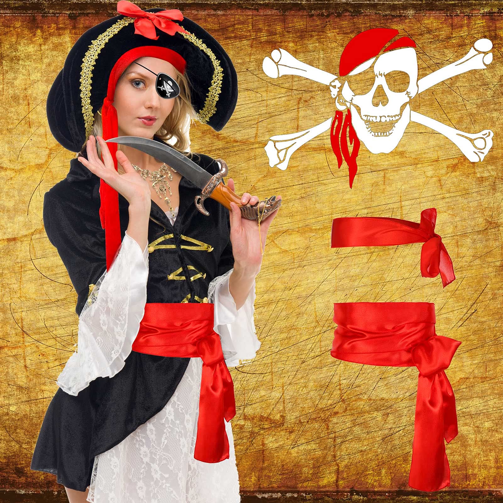 5-Piece Pirate Costume Accessories Set - Eye Patch, Sword, Hat, Hook & Earring for Halloween, Cosplay & Pirate Themed Parties - Perfect for Kids & Adults Dress Up