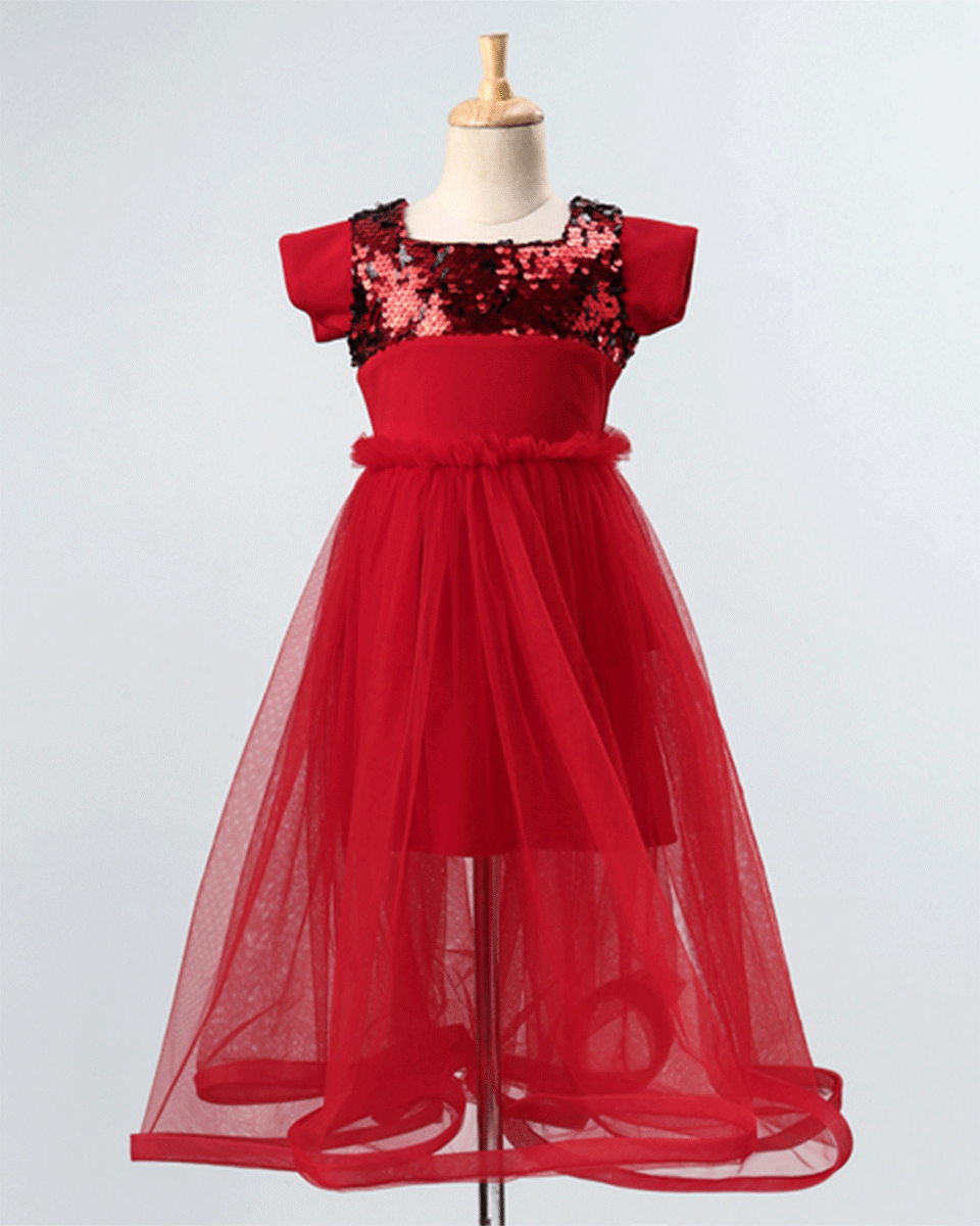 Pre Order: Flared Scuba & Net Gown with Sequin Embellishment - Red | Elegant Evening Dress for Prom, Party & Special Occasions