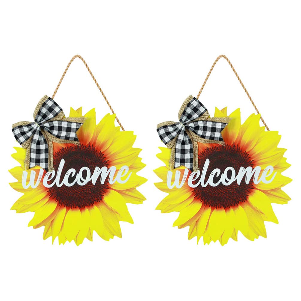GANAZONO 2Pcs Sunflower Welcome Door Hanger - 12 Inch Farmhouse Wood Wreath for Front Door, Porch & Wall Decor - Summer Sunflower Sign for Home, Wedding & Seasonal Decoration