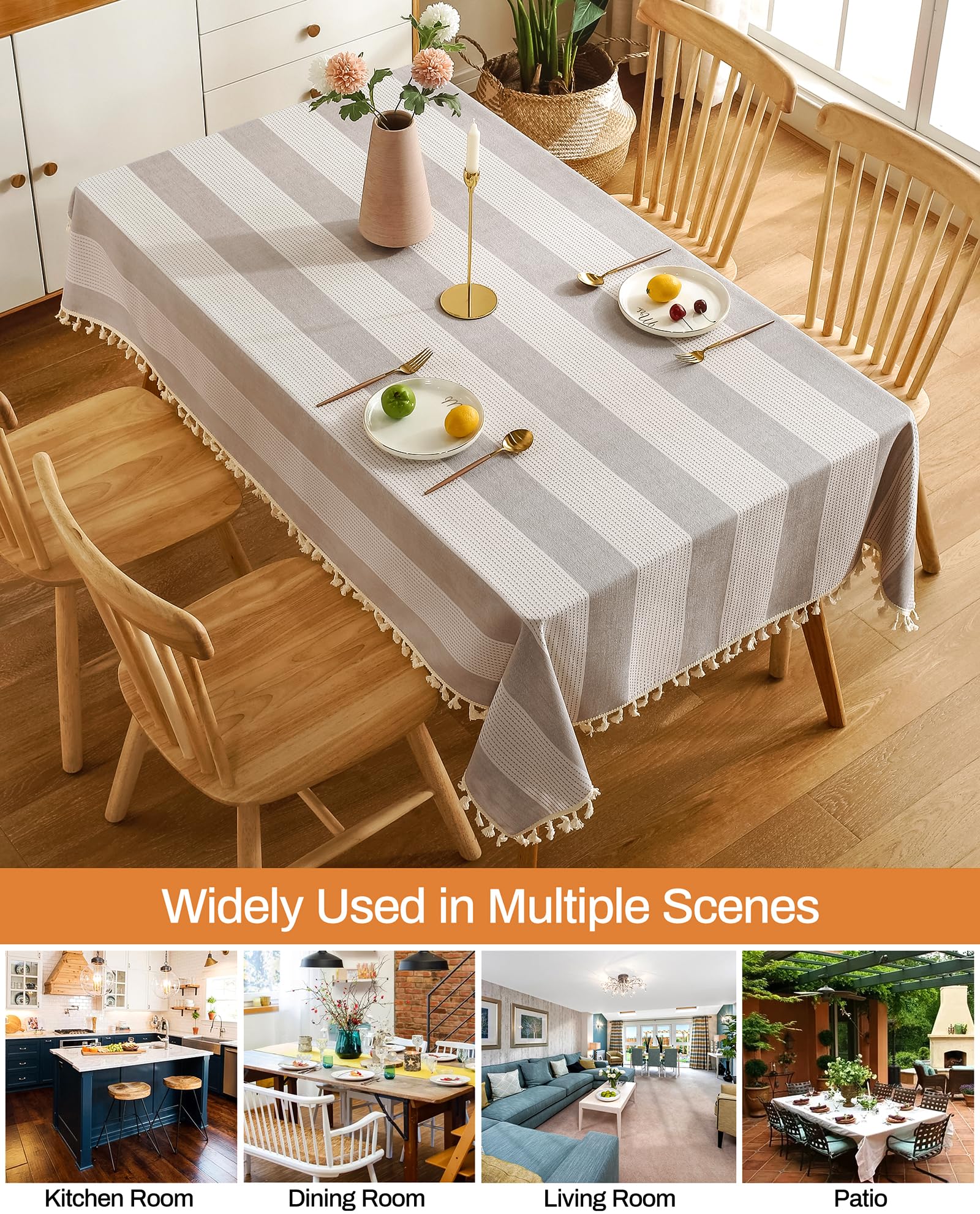 AmHoo Striped Cotton Linen Tablecloth - 54 x 86 Inch Beige Rectangle Kitchen Dining Table Cover with Tassel Trim, Dust-Proof & Washable - Perfect for Everyday Meals, Dinner Parties & Holiday Decor