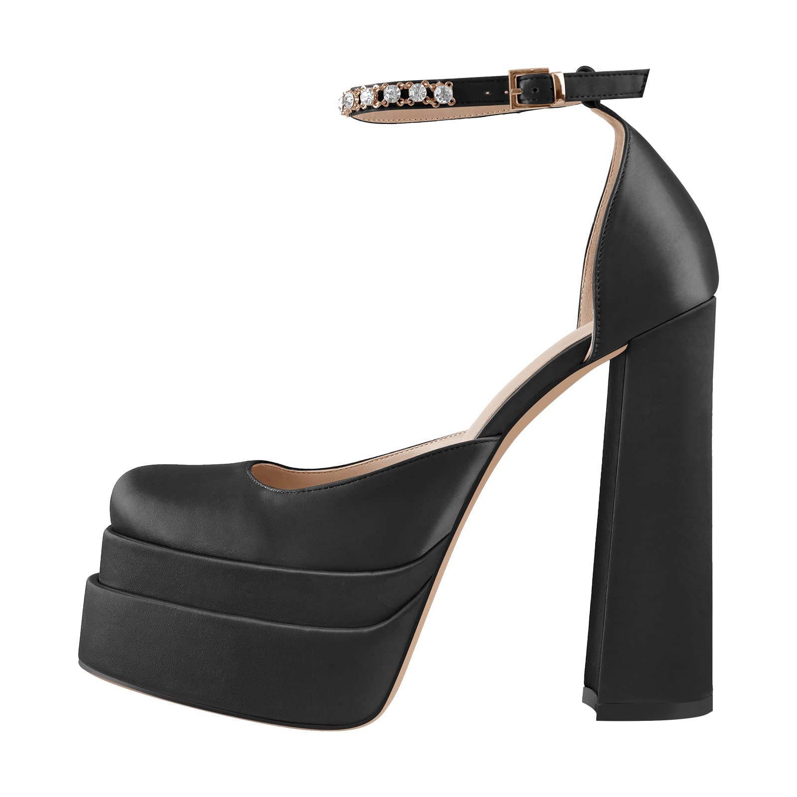 Women's Chunky Heel Platform Pumps - Square Toe Rhinestone Ankle Strap Satin Dress Shoes for Party, Wedding & Evening Events