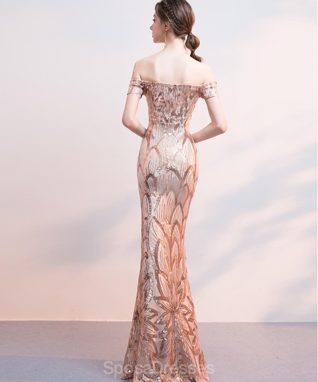 Elegant Off Shoulder Rose Gold Sequin Mermaid Prom Dress for Evening Party & Formal Events - Perfect for Prom, Homecoming, Gala & Special Occasions