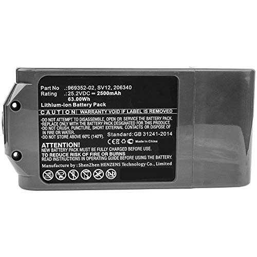 Synergy Digital High-Capacity 25.2V 2500mAh Li-ion Replacement Battery for Dyson Cyclone V10 Vacuum Cleaner - Compatible with Dyson 206340, 969352-02 & SV12 Batteries - Perfect for Deep Cleaning Carpets, Hard Floors and Pet Hair Removal
