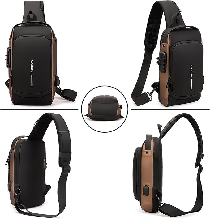 BRIGATTES Anti-Theft Sling Bag for Men & Women - Crossbody Backpack with USB Charging Port, Waterproof Shoulder Messenger Bag for Travel, Hiking & Daily Use (Brown)