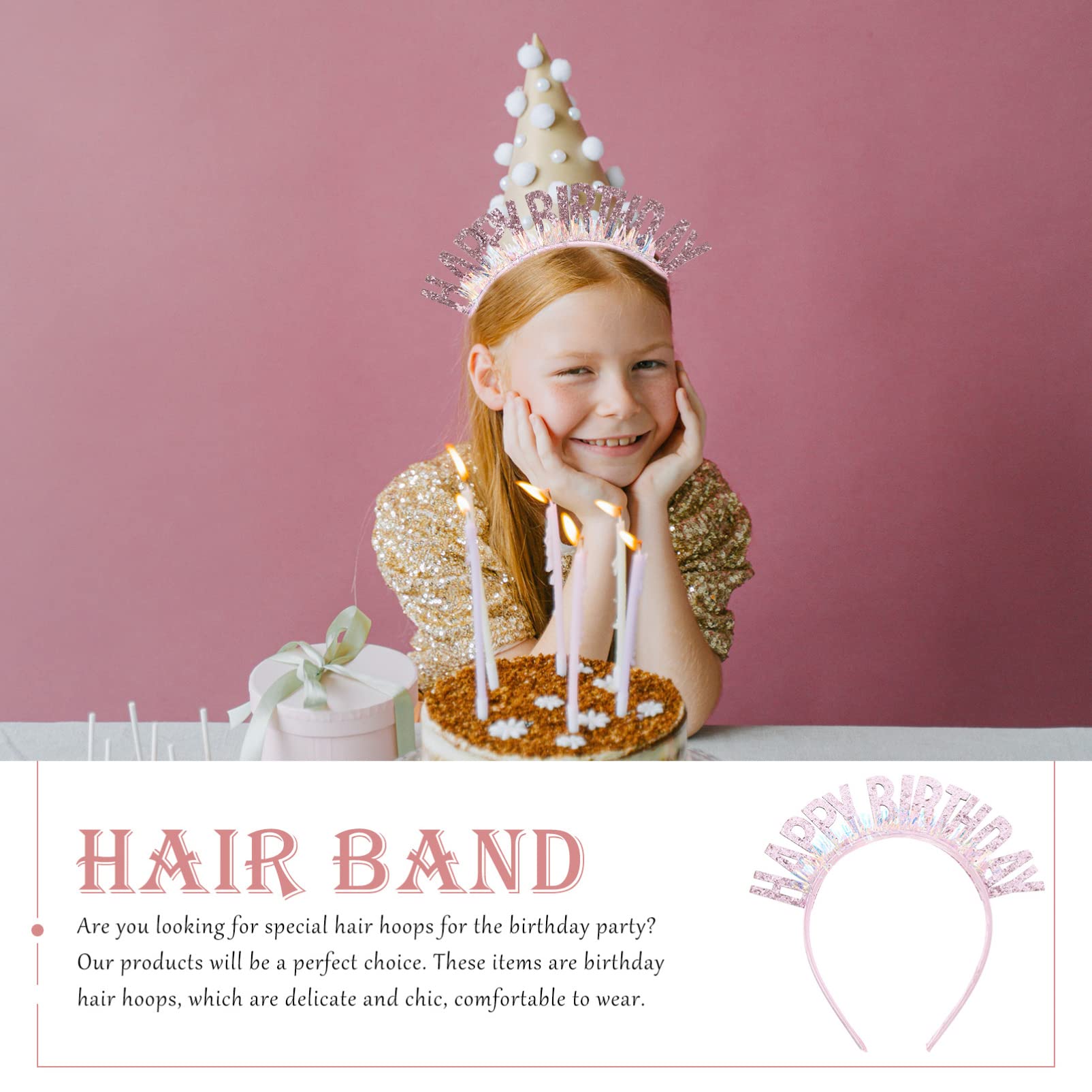 FRCOLOR Girls Birthday Headband - Sparkling Sequin Tiara Headdress for Birthday Parties, Photo Shoots & Celebrations (Pink) | Perfect Birthday Crown Accessory for Kids, Teens & Women