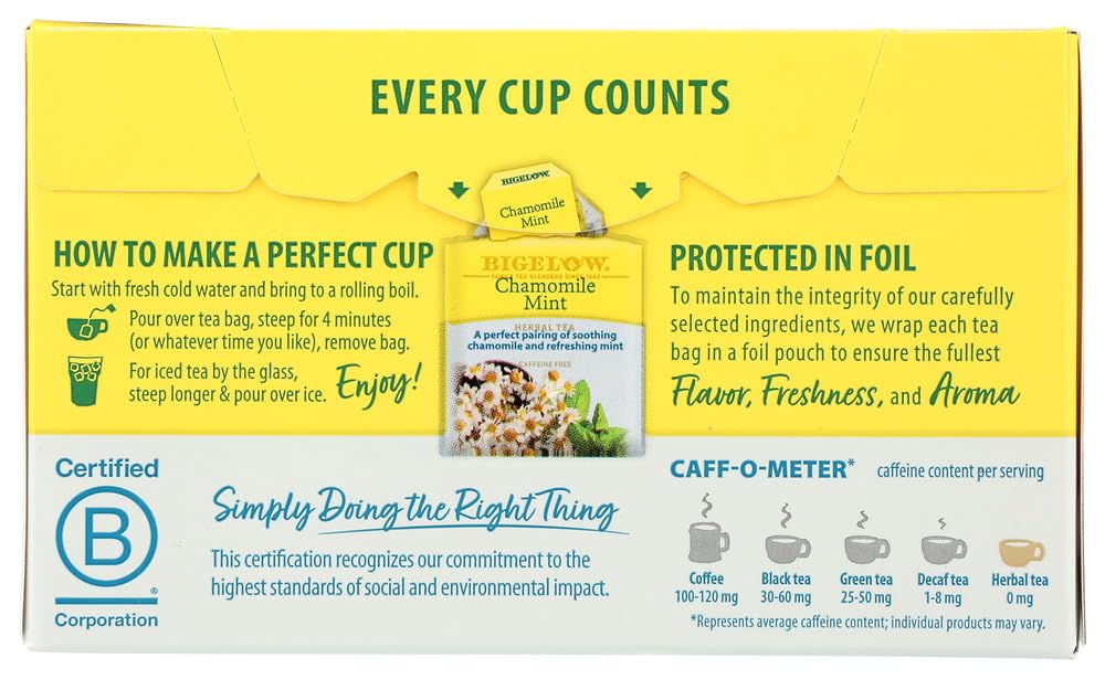 Bigelow Chamomile Mint Herbal Tea Bags - 20 Count (Pack of 3) | Relaxing Caffeine-Free Tea for Stress Relief & Better Sleep | Perfect for Evening Relaxation & Bedtime Routine