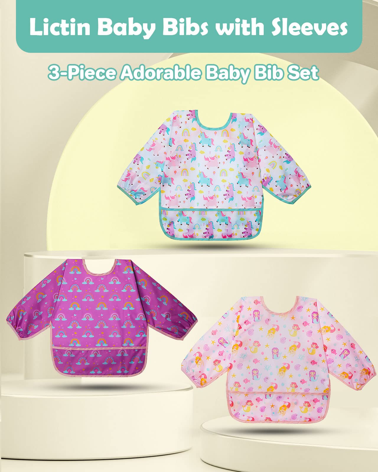 Lictin 3 Pack Baby Bibs for Boys & Girls - Waterproof Long Sleeve Toddler Bibs with Cute Designs - Perfect for Feeding, Mealtime & Messy Play
