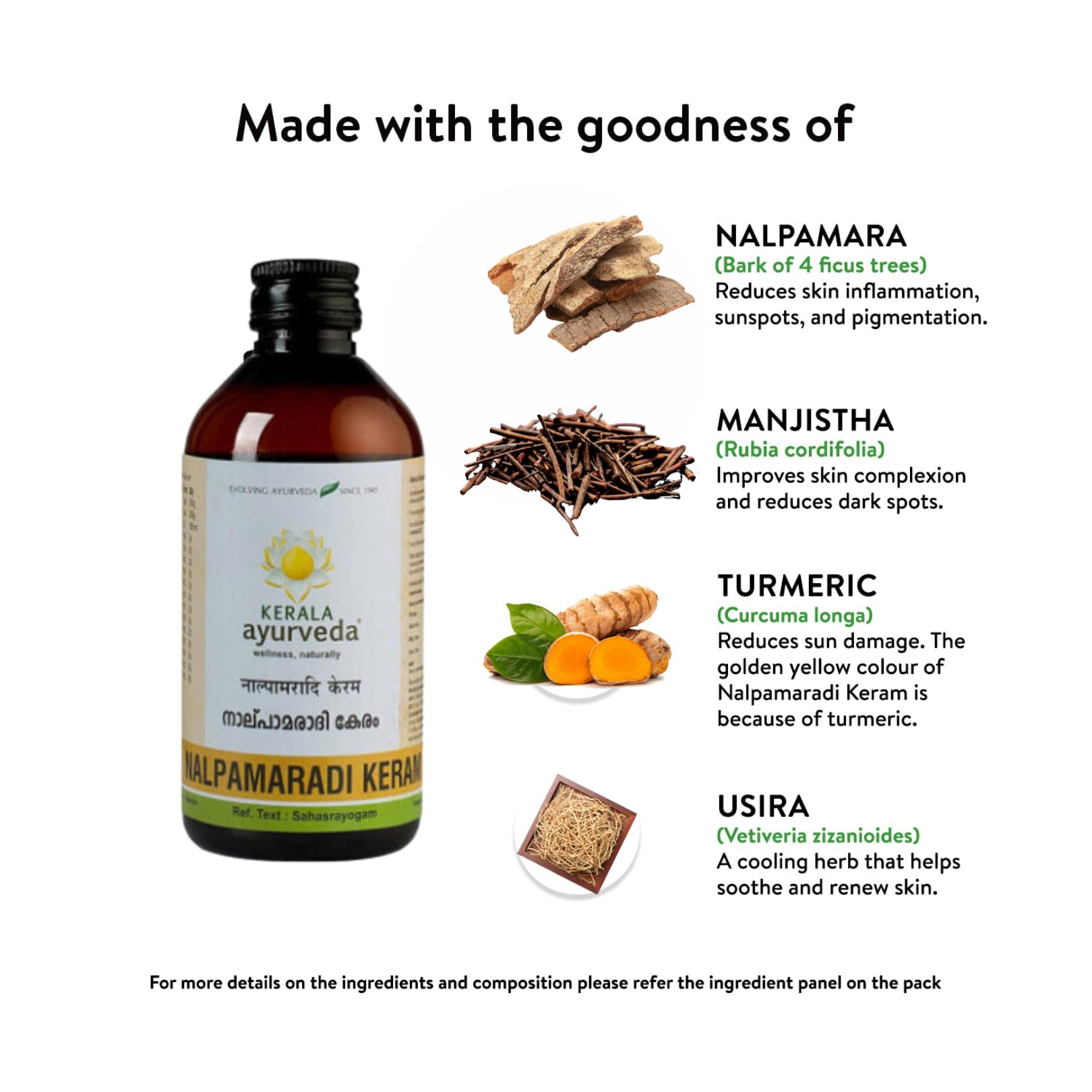 Kerala Ayurveda Nalpamaradi Keram 200ml - Natural Face & Body Oil for Tan Removal & Dark Spot Treatment | All Skin Types | Coconut Oil Base with Nalpamara, Haridra, Usira, Amla, Manjistha & Raktachandana | Perfect for Daily Skincare, Sun Protection & Skin Brightening