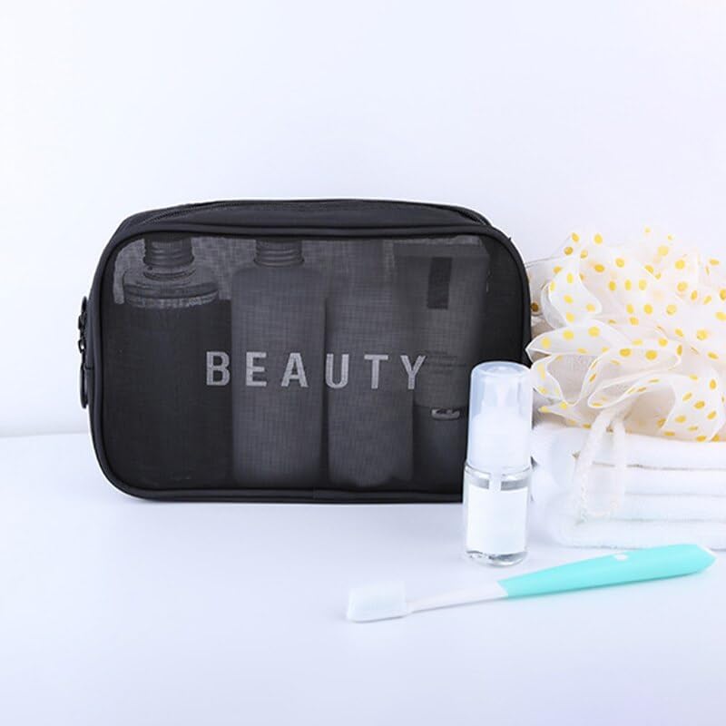 VYATIRANG Nylon Makeup Pouch Travel Toiletries Organizer - 3 Pack Black Mesh Cosmetic Bags for Women, Portable Bathroom & Travel Essentials Case - Perfect for Gym, Vacation, and Daily Use