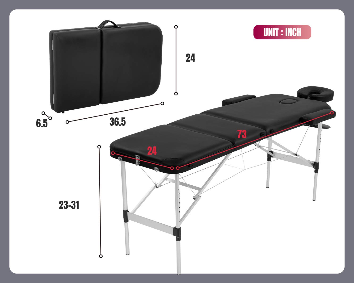 Adjustable 3-Folding Aluminum Massage Table - 73 Inch Portable Spa Bed with PU Leather & Face Cradle - Professional Salon, Beauty, Physical Therapy, Facial & Tattoo Use - Includes Carry Case for Easy Transport