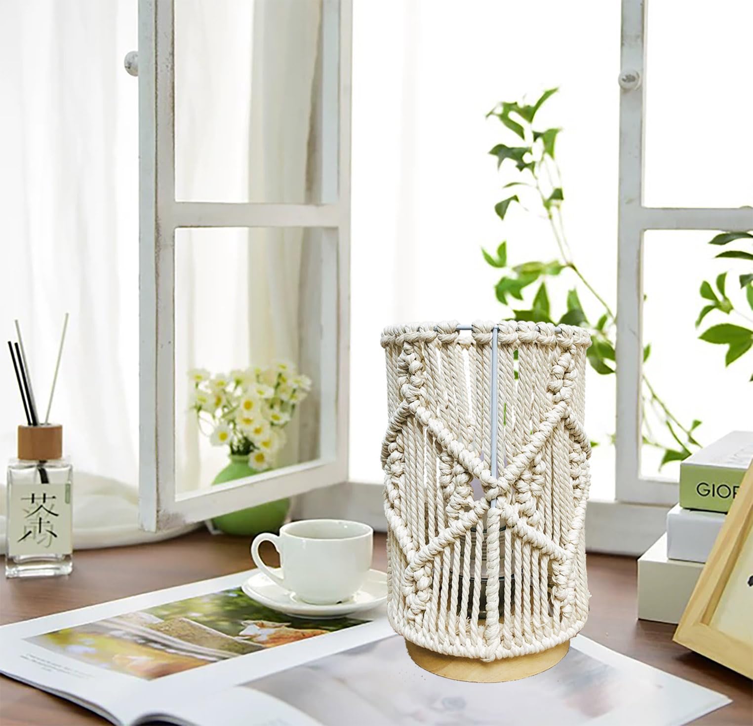 Boho Table Lamp with Hollow-Out Macrame Shade & Solid Wood Base - Handmade Decorative Night Light for Bedroom, Living Room, End Table - Includes Bulb (Creamy White) | Perfect for Cozy Reading Nooks, Romantic Bedside Lighting & Boho Home Decor