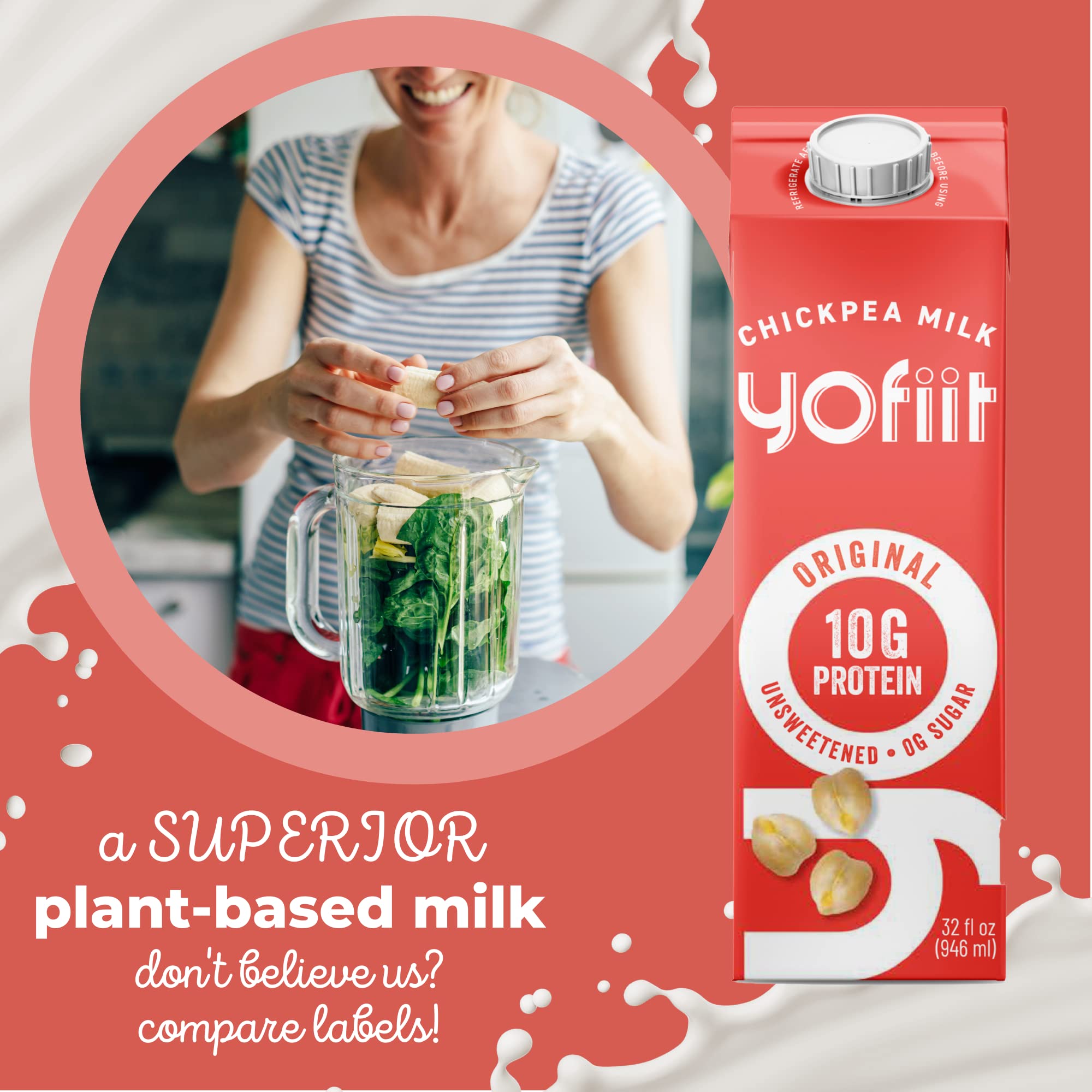 Yofiit Original Unsweetened Plant Based Milk with Pea Protein & Flax - High Protein Vegan Milk Alternative (10g Protein) | Dairy-Free Coffee Creamer, Shelf-Stable & Lactose-Free | Perfect for Smoothies, Cereal & Baking - 6 Pack