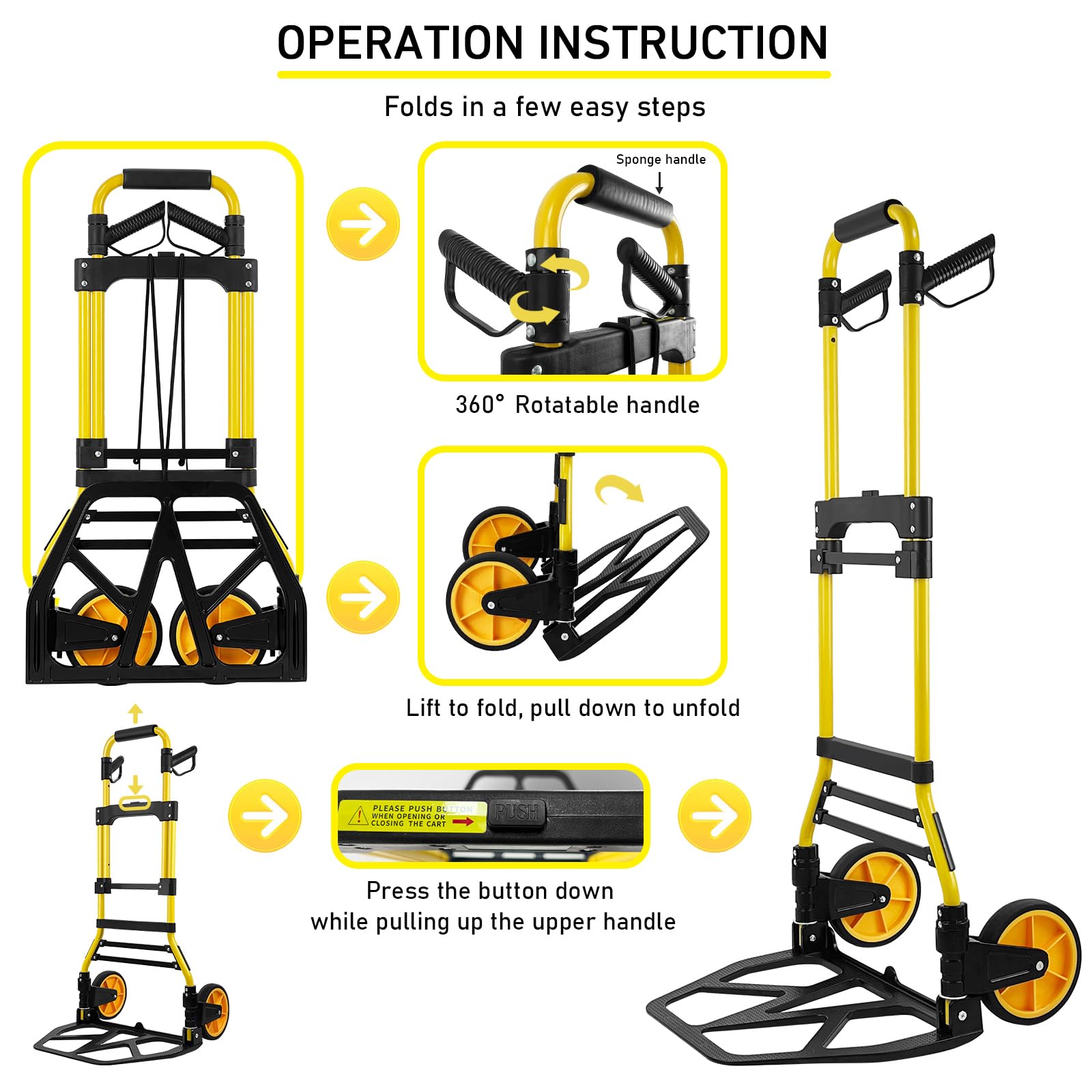 440lbs Capacity Folding Hand Truck & Dolly - Portable Aluminum Luggage Cart with Retractable Handle & Rubber Wheels | Ideal for Travel, Office, Moving, Shopping & Warehouse Transportation