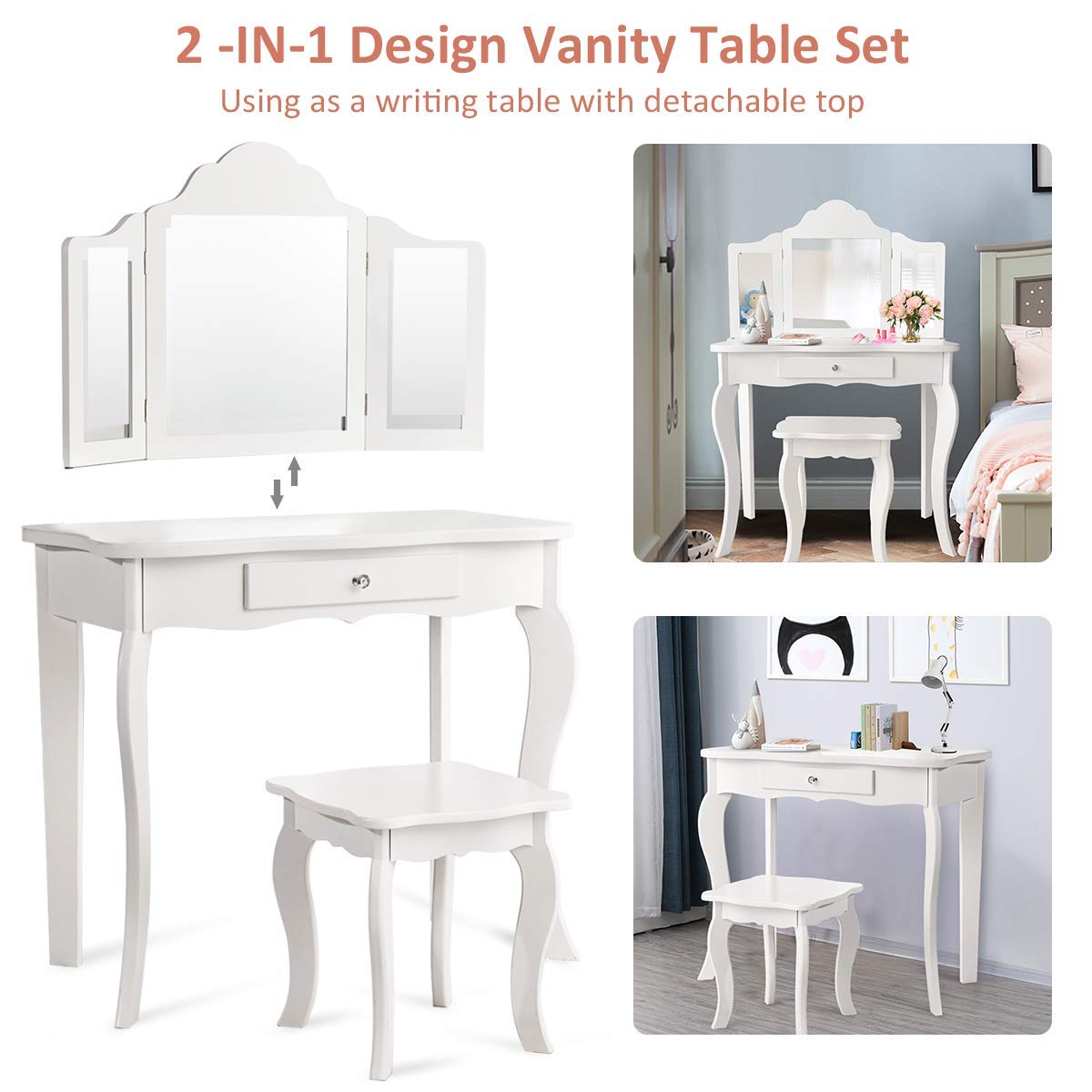 HOMGX White Wooden Kids Vanity Table Set with 180° Tri-Folding Mirror & Stool - Princess Makeup Dressing Table with Pull-Out Drawer for Little Girls | Perfect for Bedroom, Birthday Gifts & Pretend Play