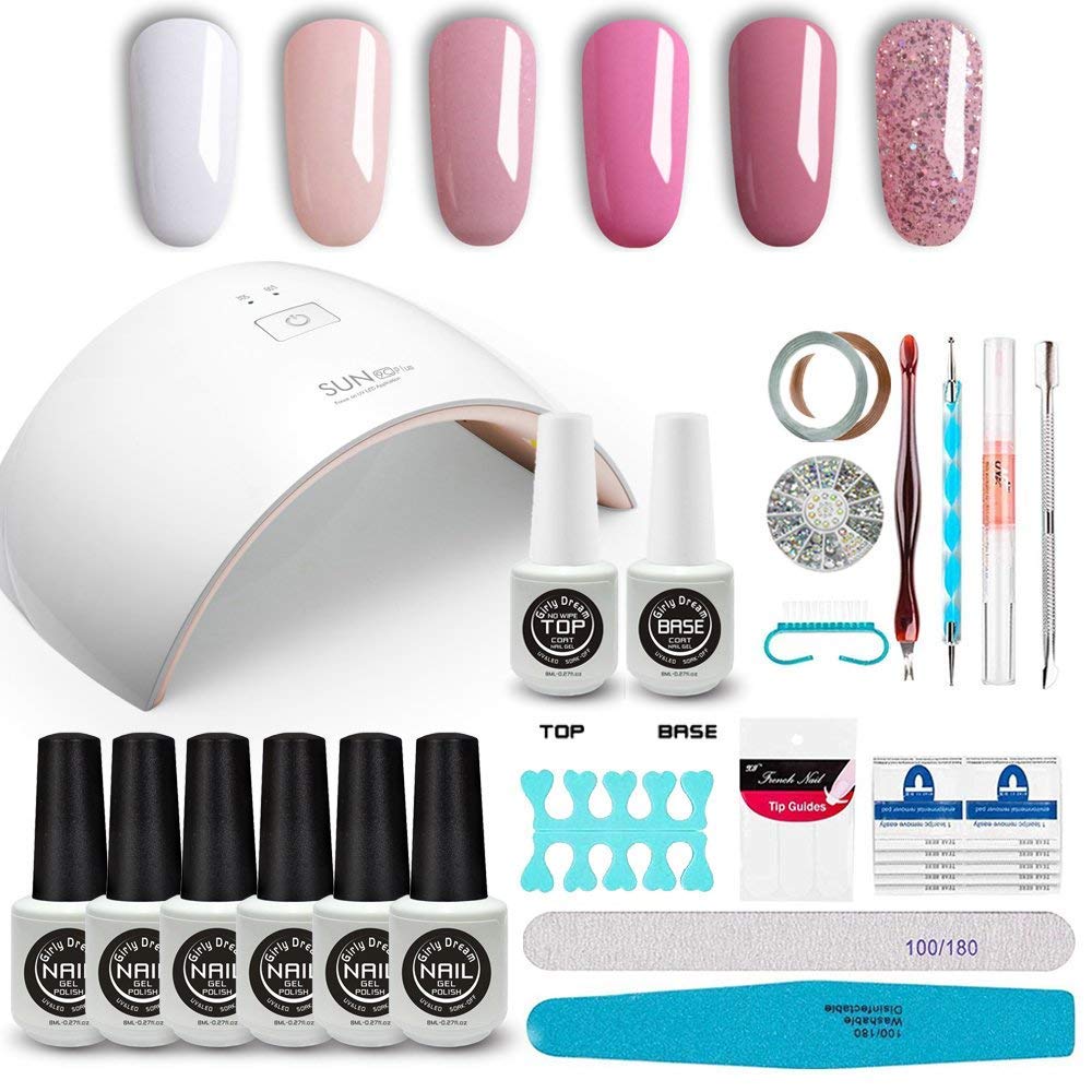 GirlyDream 6 Color Gel Nail Polish Set with Base & Top Coat - 36W Fast Curing LED Nail Lamp - Complete Starter Manicure Kit for Home & Salon Nail Art (#014) - Perfect for DIY Nails, Professional Salons & Gift Giving