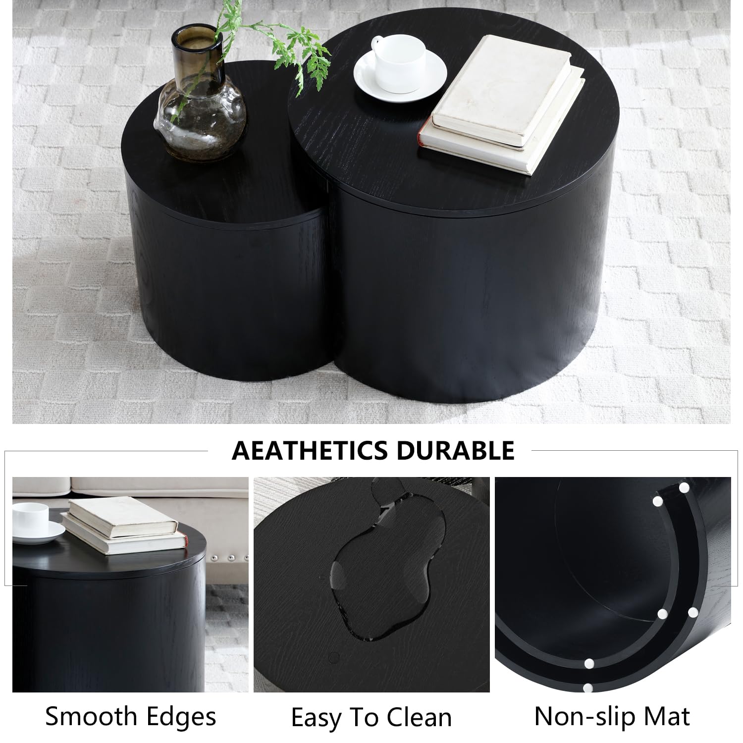 Modern Round Nesting Coffee Table Set of 2 - Wooden Drum Side Tables with Non-Slip Feet for Small Spaces | Perfect for Living Room, Bedroom, Balcony & Office Decor | Black Accent Tables