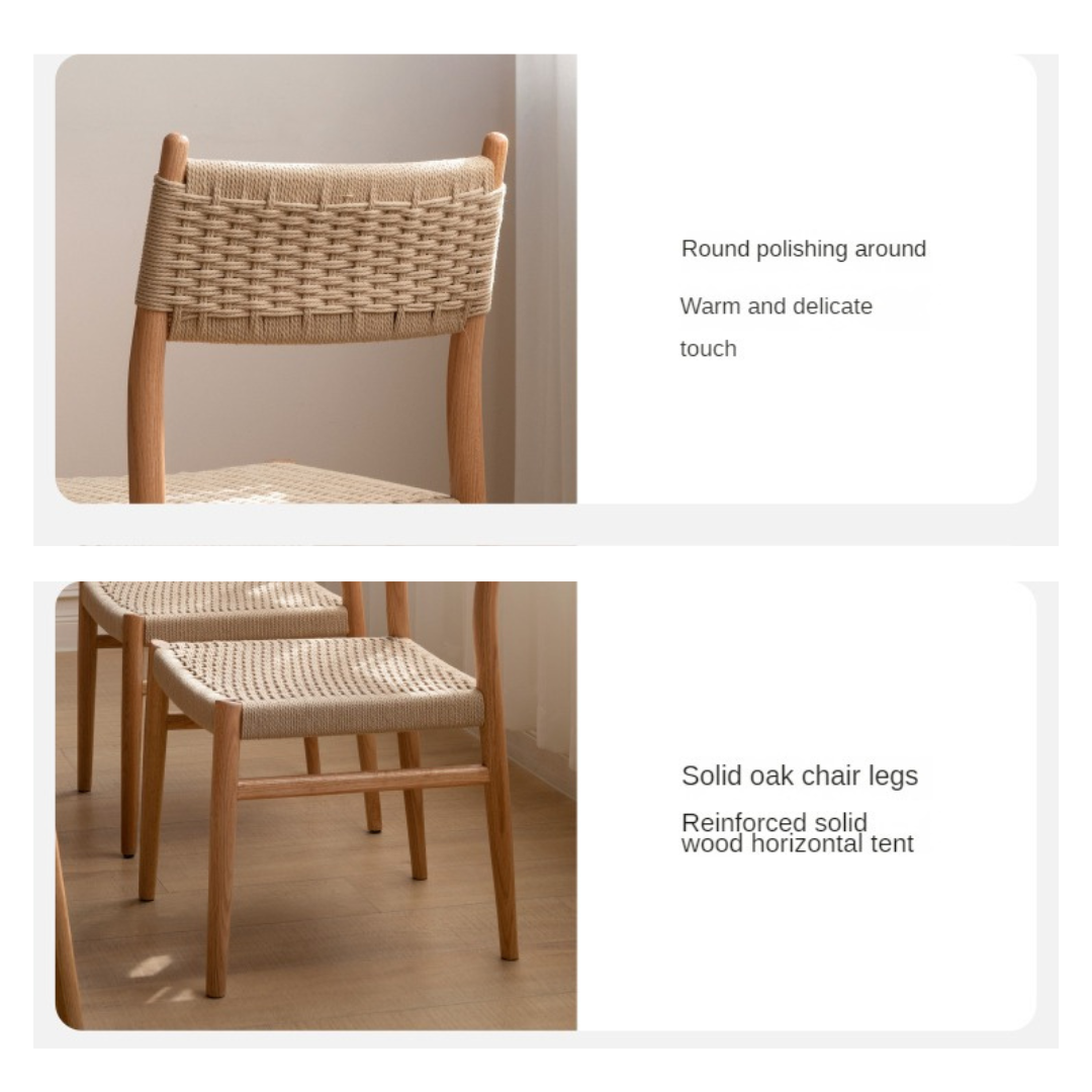 Solid Oak & Cherry Wood Rope Dining Chair - Rustic Farmhouse Style for Kitchen, Dining Room, and Outdoor Patio Seating