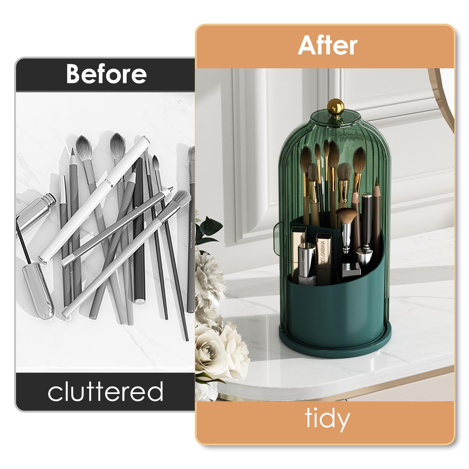 360° Rotating Clear Makeup Brush Holder with Lid - Dustproof Vanity Organizer for Bathroom & Countertop - Perfect for Makeup Storage & Display (Green)