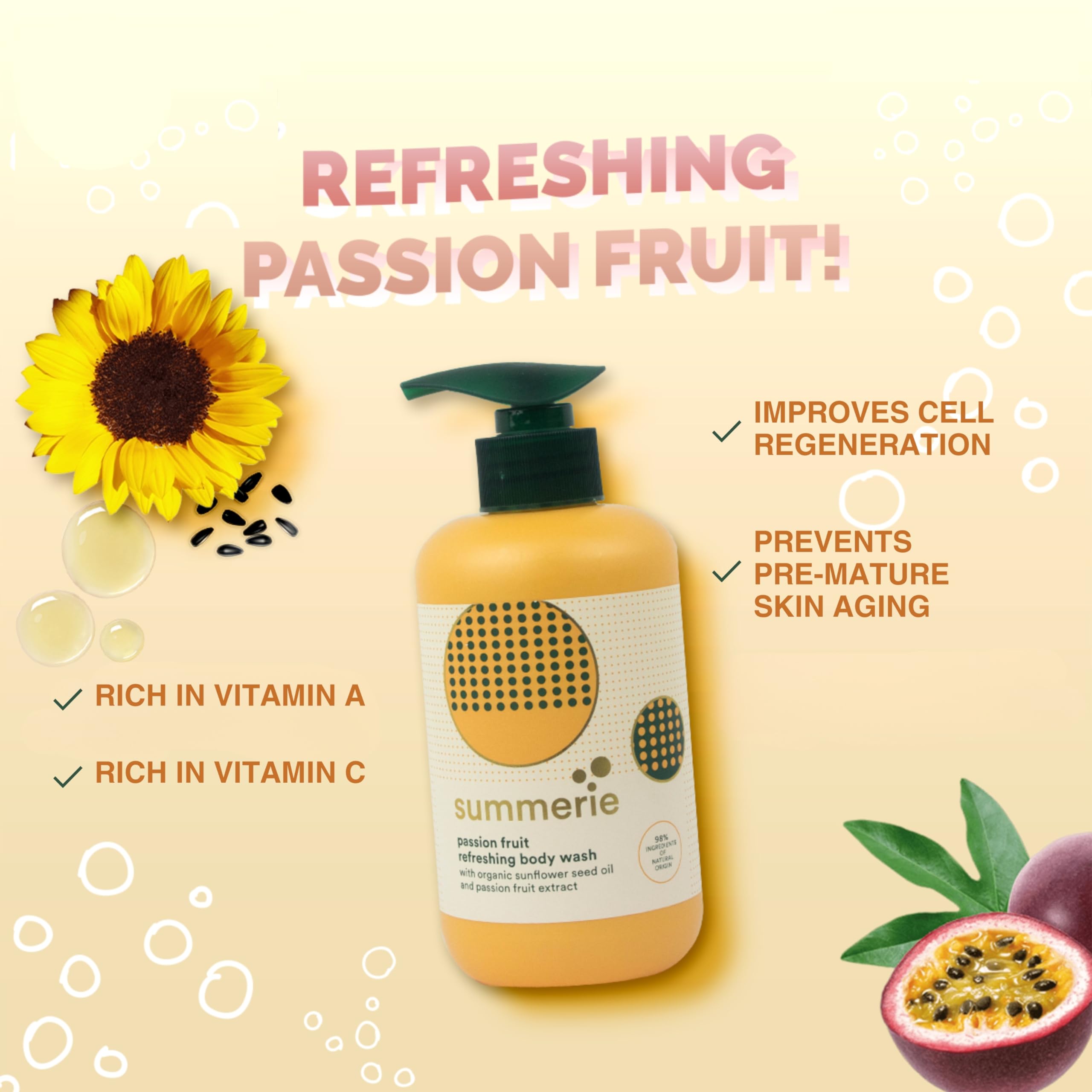 Passionfruit Refreshing Body Wash for Women - Organic Sunflower Seed Oil Enriched | Improves Skin Cell Regeneration & Repairs Sun Damage | Paraben & SLS Free, 325ml | Perfect for Summer Hydration & Post-Sun Care