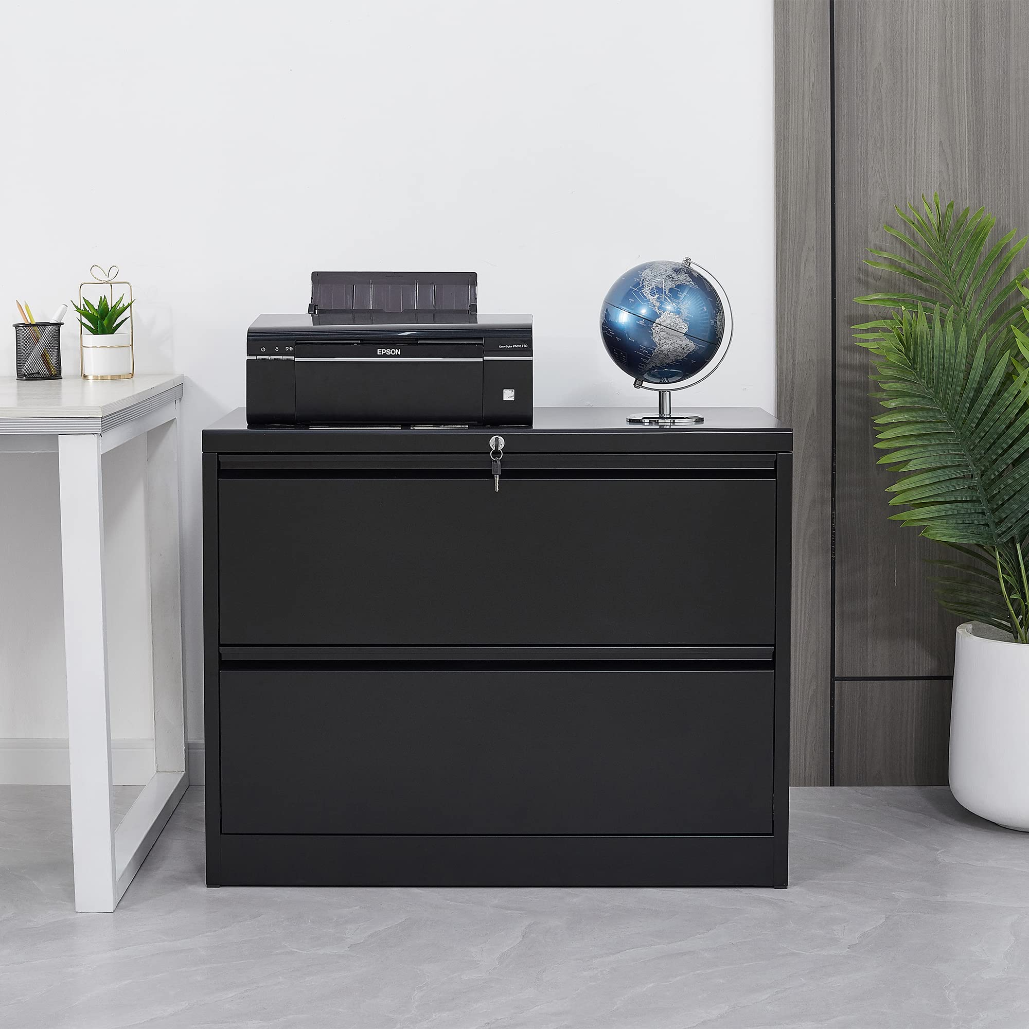 OUYESSIR 2-Drawer Locking Lateral File Cabinet - Steel Metal Storage Organizer for Legal, Letter & A4 Files - Secure Home Office Filing Cabinet (Black) - Perfect for Document Organization & Workspace Storage