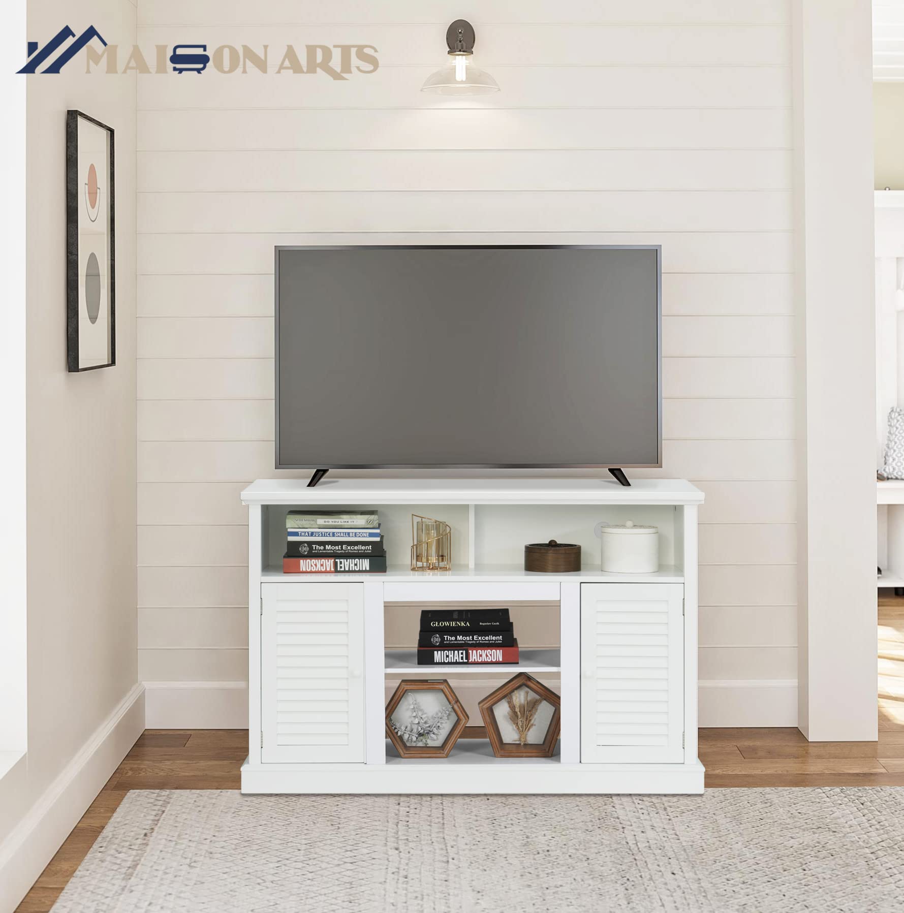 MAISON ARTS Modern TV Stand for 55 Inch TV with Storage, Entertainment Center Media Console Table, Buffet & Sideboard for Living Room, Bedroom, Kitchen - White | Perfect for Home Theater Setup and Living Room Organization