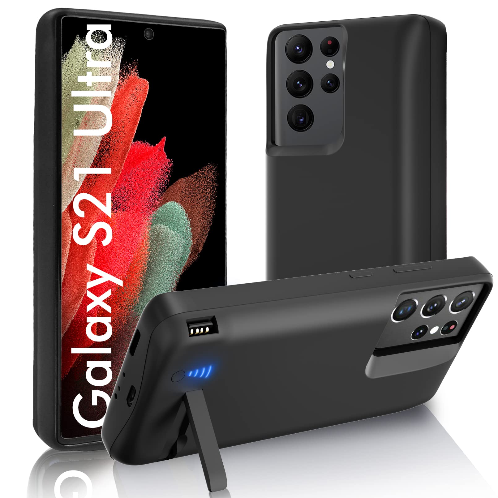 Samsung Galaxy S21 Ultra 5G Battery Case - 5000mAh Rechargeable Extended Charger with Kickstand & Dual Device Charging | Black | Perfect for Travel, Work & Outdoor Activities