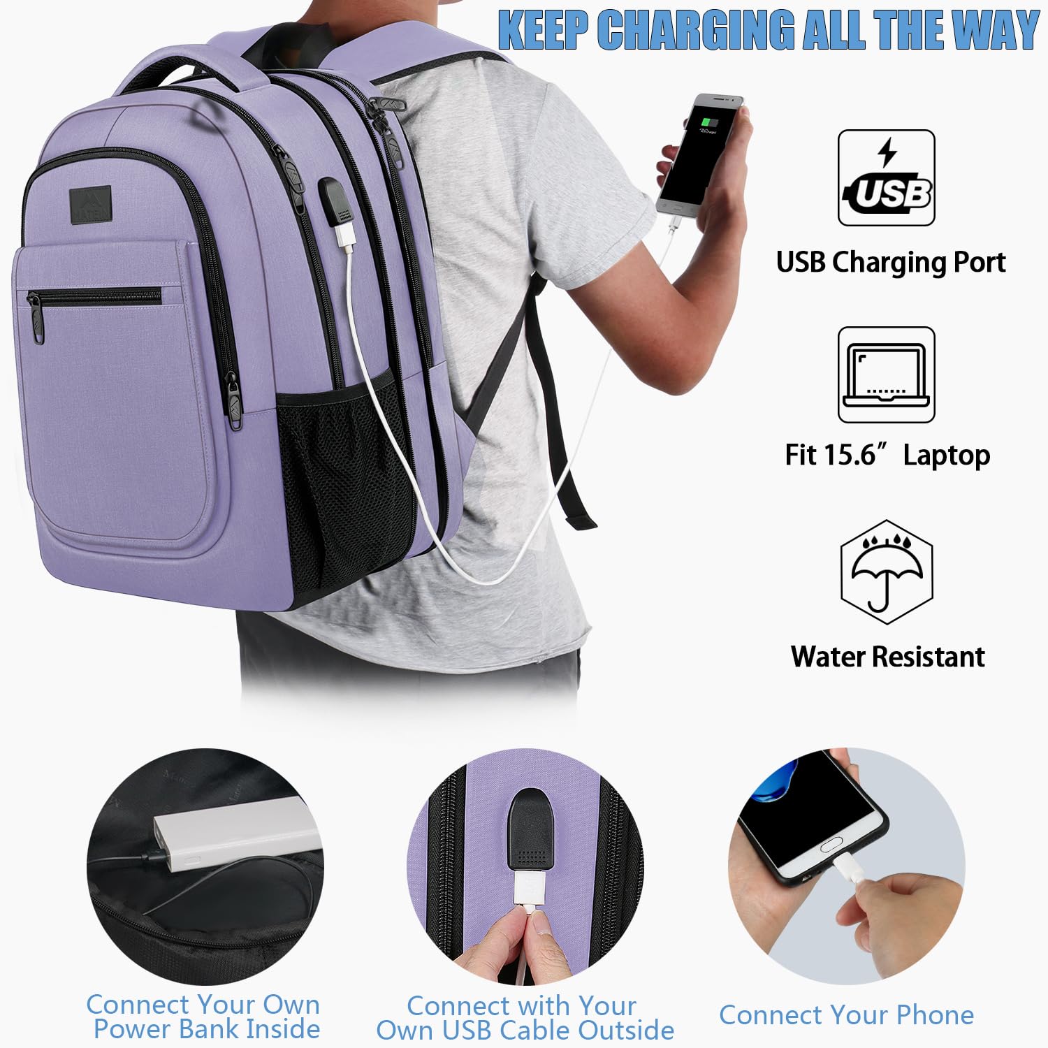 MATEIN Expandable 15.6 Inch Laptop Backpack for Women & Men, Anti-Theft USB Charging Port, Water-Resistant Business Computer Bag, Perfect for College, Travel, Work & Daily Commute, Purple