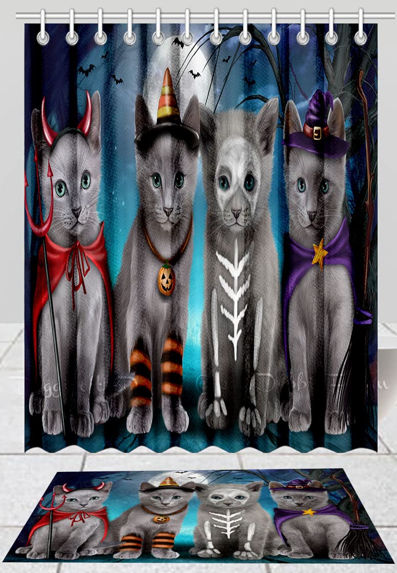 Halloween Trick or Treat Russian Blue Cat Bath Mat & Shower Curtain Set - Non-Slip Bathroom Decor, Plush Rug & Polyester Bathtub Curtain with Hooks (Mat 16x28in, Curtain 36x72in) - Perfect for Halloween Decorations, Cat Lover Gifts & Cozy Bathroom Upgrades