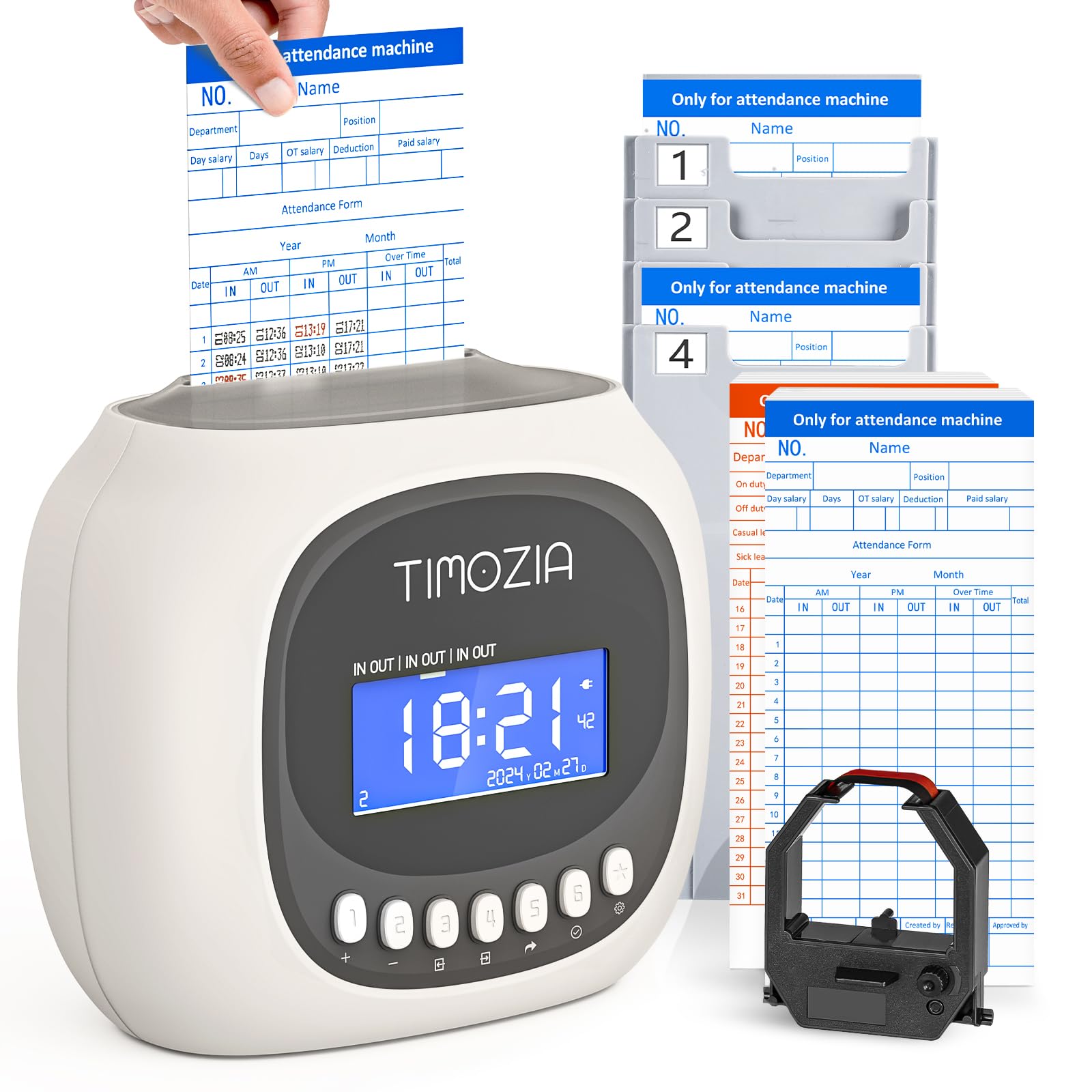 Employee Time Clock for Small Business - Auto-Align Punch Card Machine with 100 Time Cards, 2 Ink Ribbons & 4 Racks (Military/24-Hour Format) - Perfect for Shift Tracking, Payroll Management & Office Time Attendance Systems