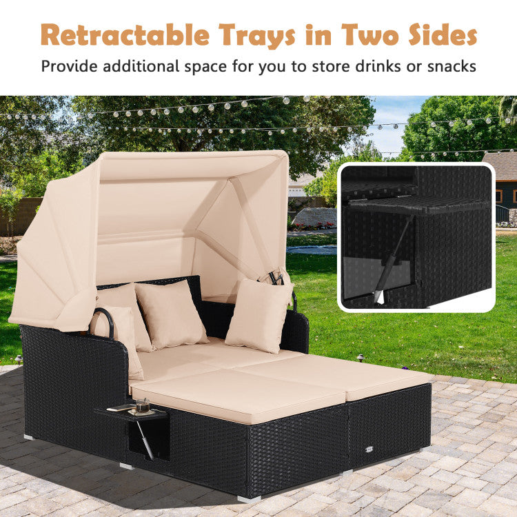 Costway Outdoor Patio Rattan Daybed with Retractable Canopy & Side Tables - Black - Perfect for Poolside Lounging, Garden Relaxation & Backyard Sunbathing