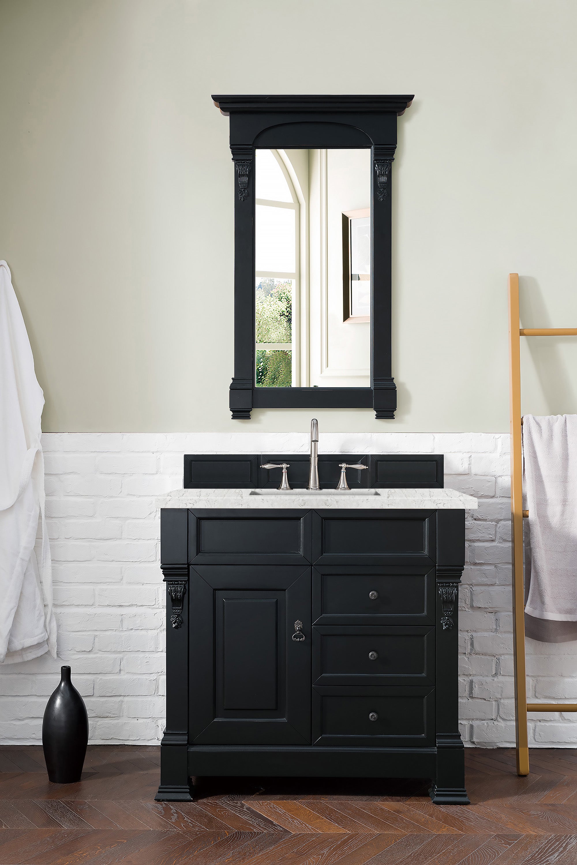 Brookfield 36 Inch Single Bathroom Vanity Set - Antique Black Finish with 3CM Eternal Jasmine Pearl Quartz Countertop | Perfect for Modern & Traditional Bathrooms