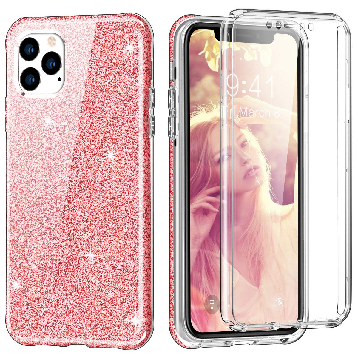 iPhone 11 Pro Max Case - Folice Rugged Full Body Protection Cover with Built-in Screen Protector for Apple iPhone 11 Pro Max 6.5 Inch (2019) | Shockproof & Anti-Scratch | Pink Glitter Design | Perfect for Outdoor Activities, Travel & Daily Use