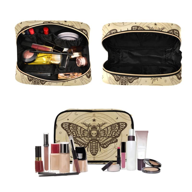 MNSRUU Beige Skull Moth Butterfly Hanging Makeup Bag - 3 PCS Travel Toiletry Organizer Set with Clear Compartments | Portable Cosmetic Storage for Women, Perfect for Vacation, Gym & Business Trips