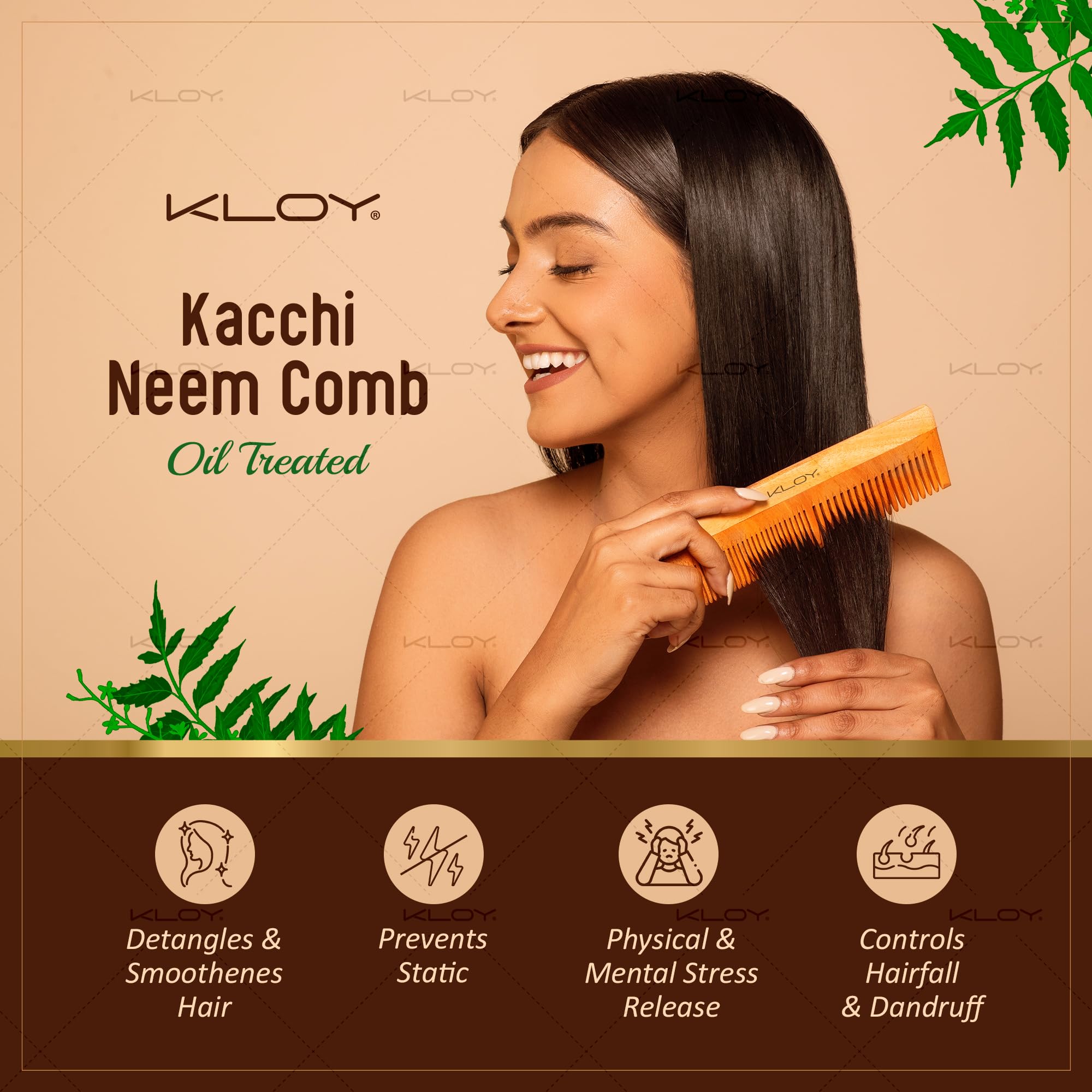 KLOY Oil Treated Kacchi Neem Comb for Hair Growth - Infused with Neem Oil, Bhringraj & 15+ Herbs | Anti Hairfall & Dandruff Control | Frizz & Straightening Comb for Men & Women (Dual Tooth) | Perfect for Daily Hair Care & Scalp Massage