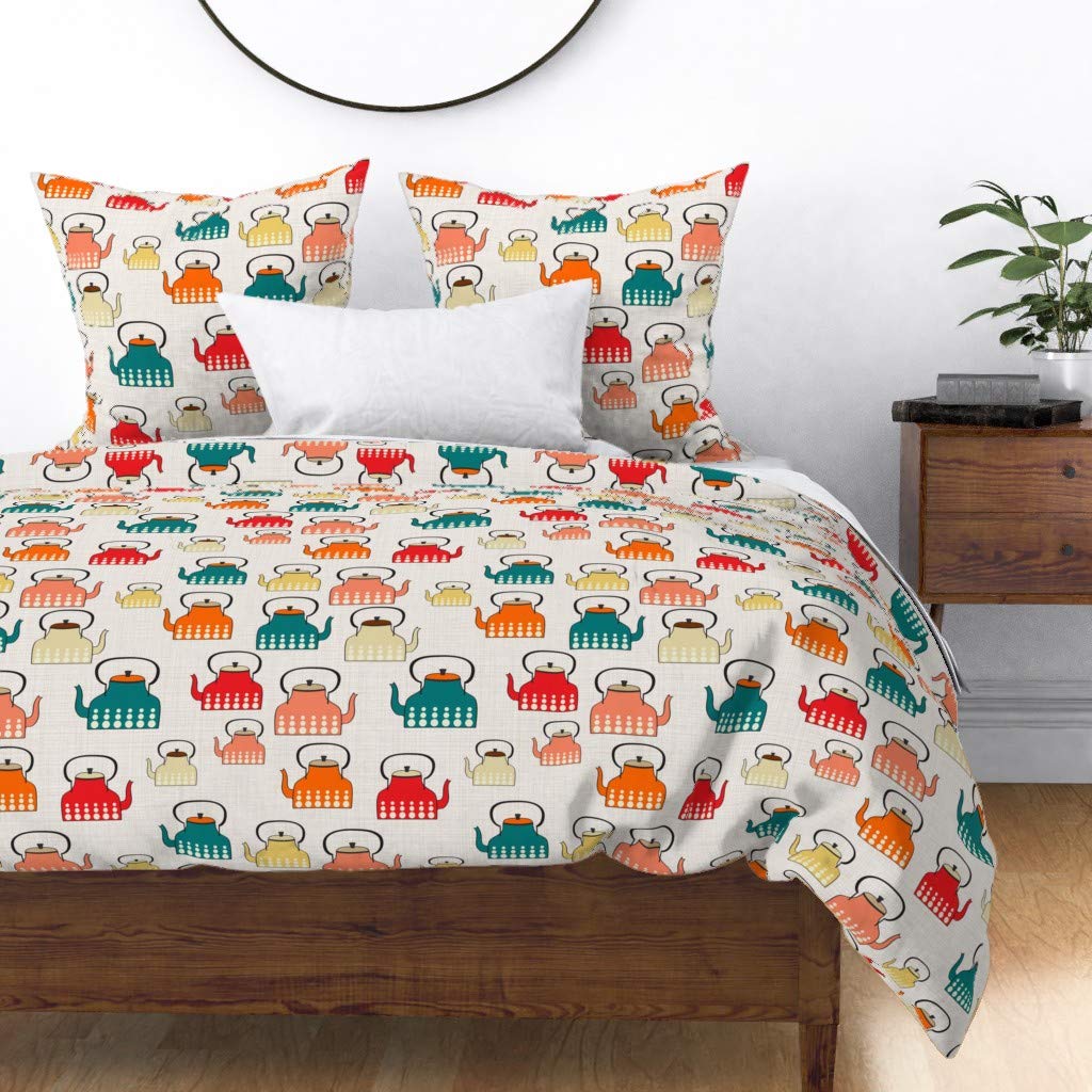 Custom Spoonflower Cotton Sateen Duvet Cover King/California King Size - Vintage Teapot Kitchen Retro Modern Pattern, Colorful Cute Tea Design for Bright Home Decor | Perfect for Bedroom, Guest Room & Cozy Farmhouse Style