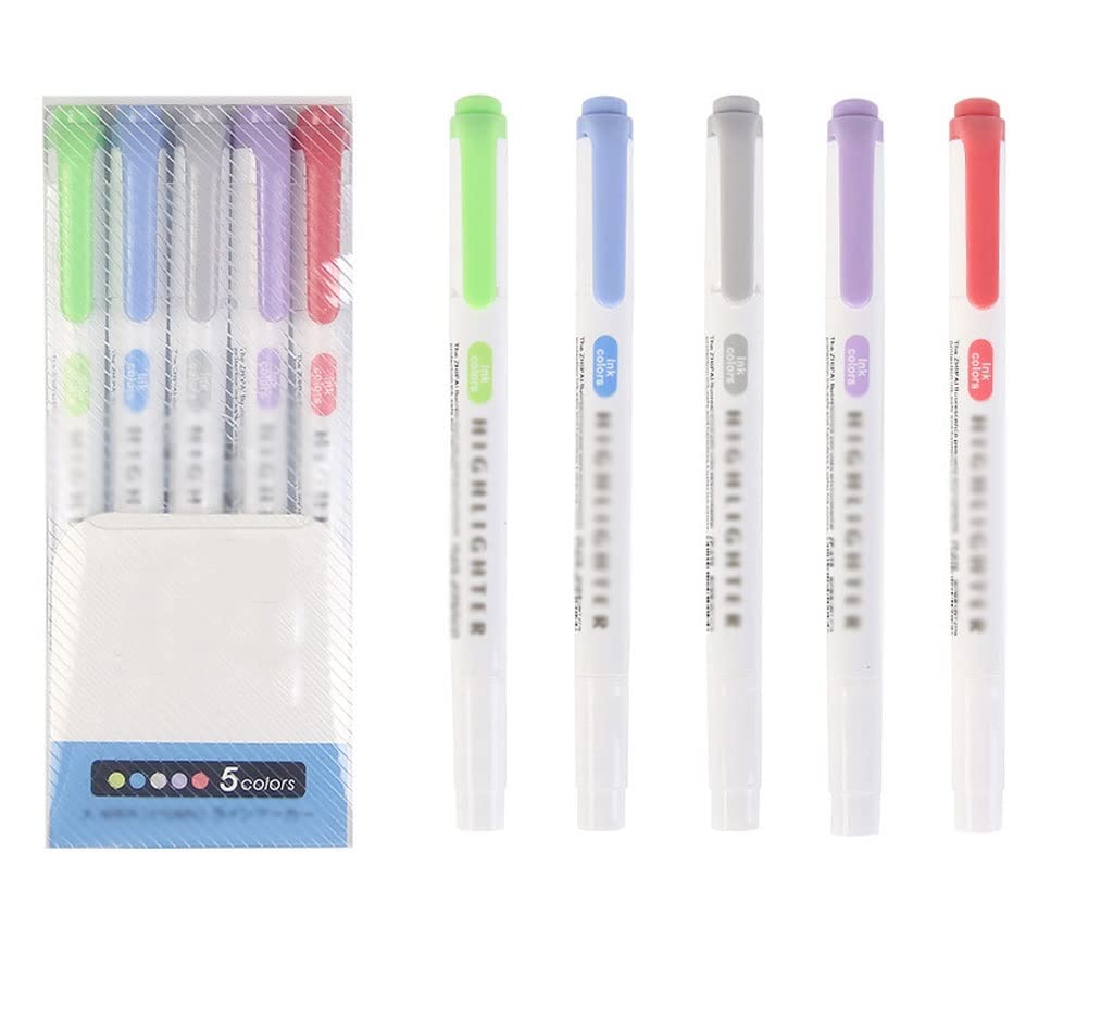 5-Color Double-Tipped Highlighter Pen Set - Fluorescent Art Markers for Note Taking, Studying & Office Use - 5-Piece Cute Stationery Set (Clear) - Ideal for Students, Teachers & Professionals