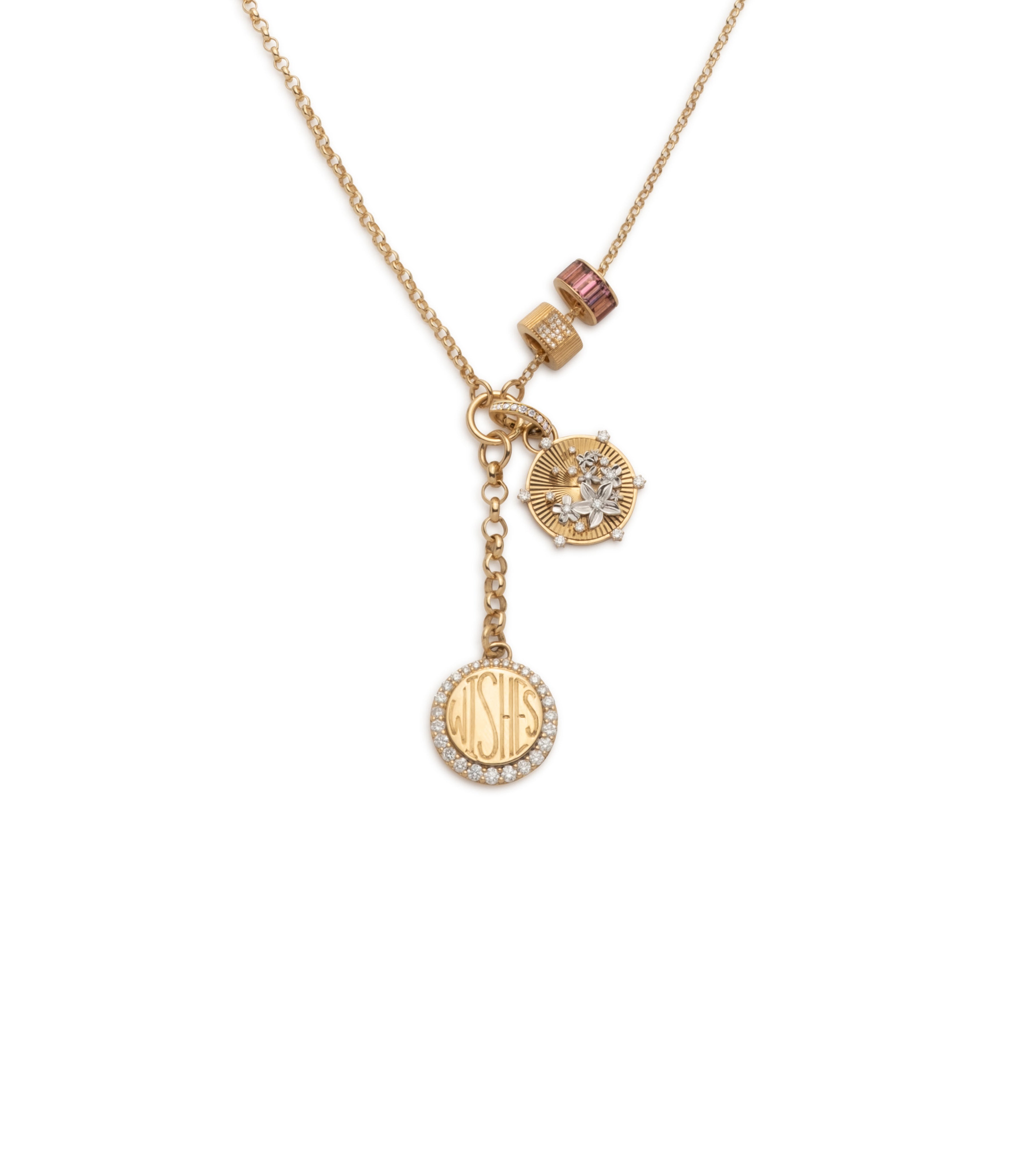 Engravable Pave Blossoms Small Mixed Belcher Story Bracelet in Gold with Diamonds & Pink Tourmaline - Perfect for Anniversaries, Weddings & Special Occasions