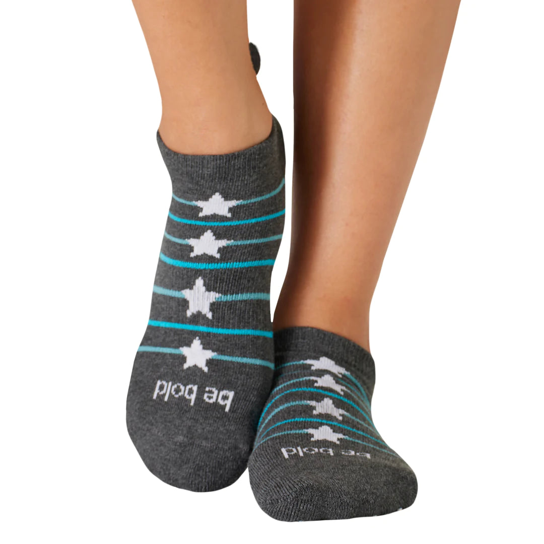 Women's Non-Slip Grip Socks with Pom Pom - Bold Grey Sticky Be Socks for Yoga, Pilates & Home Wear