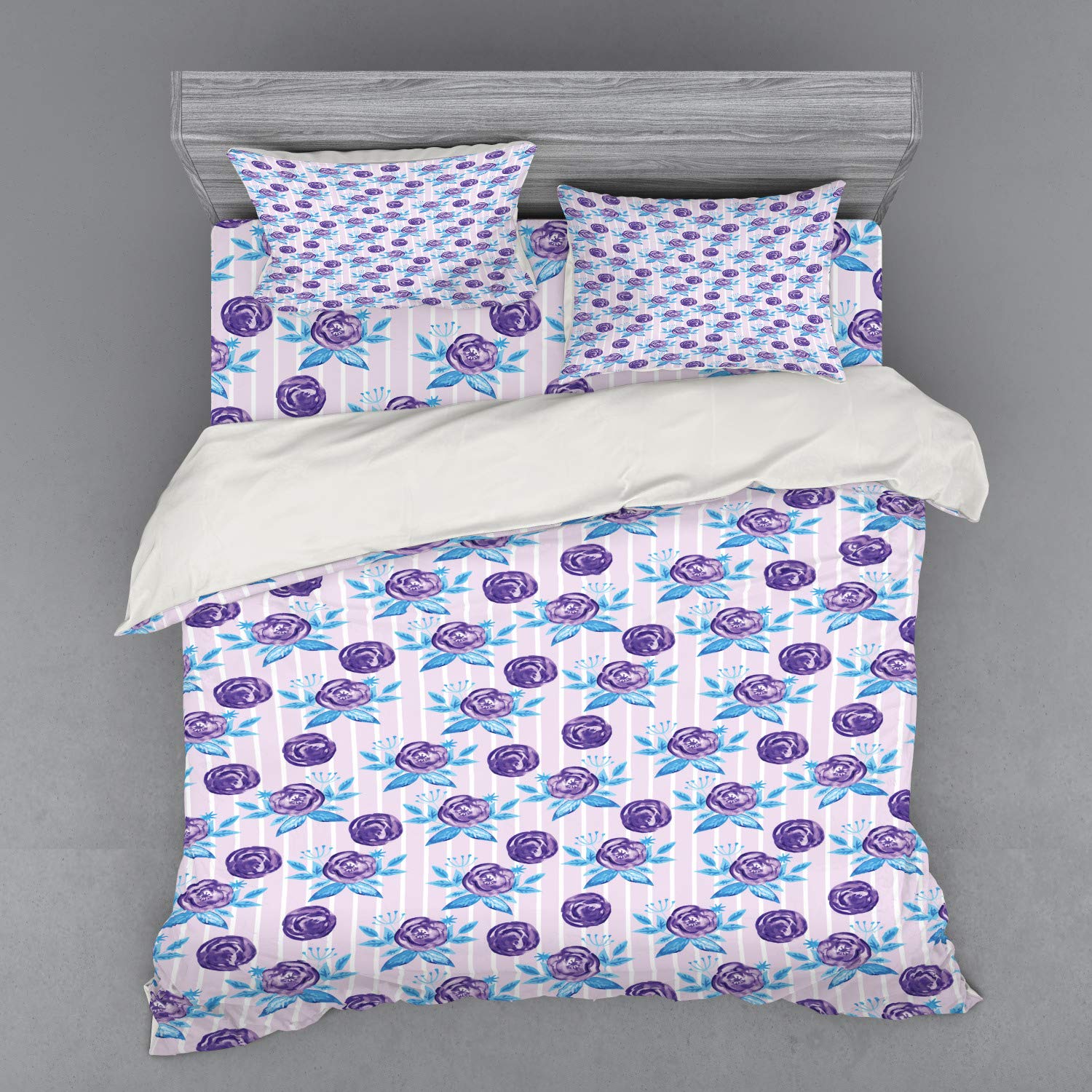 Ambesonne Floral Duvet Cover Set King Size - 3 Piece Watercolor Rose Bedding with Sham & Fitted Sheet, Abstract Striped Design in Pale Pink & Sky Blue - Romantic Bedroom Decor for Master & Guest Rooms