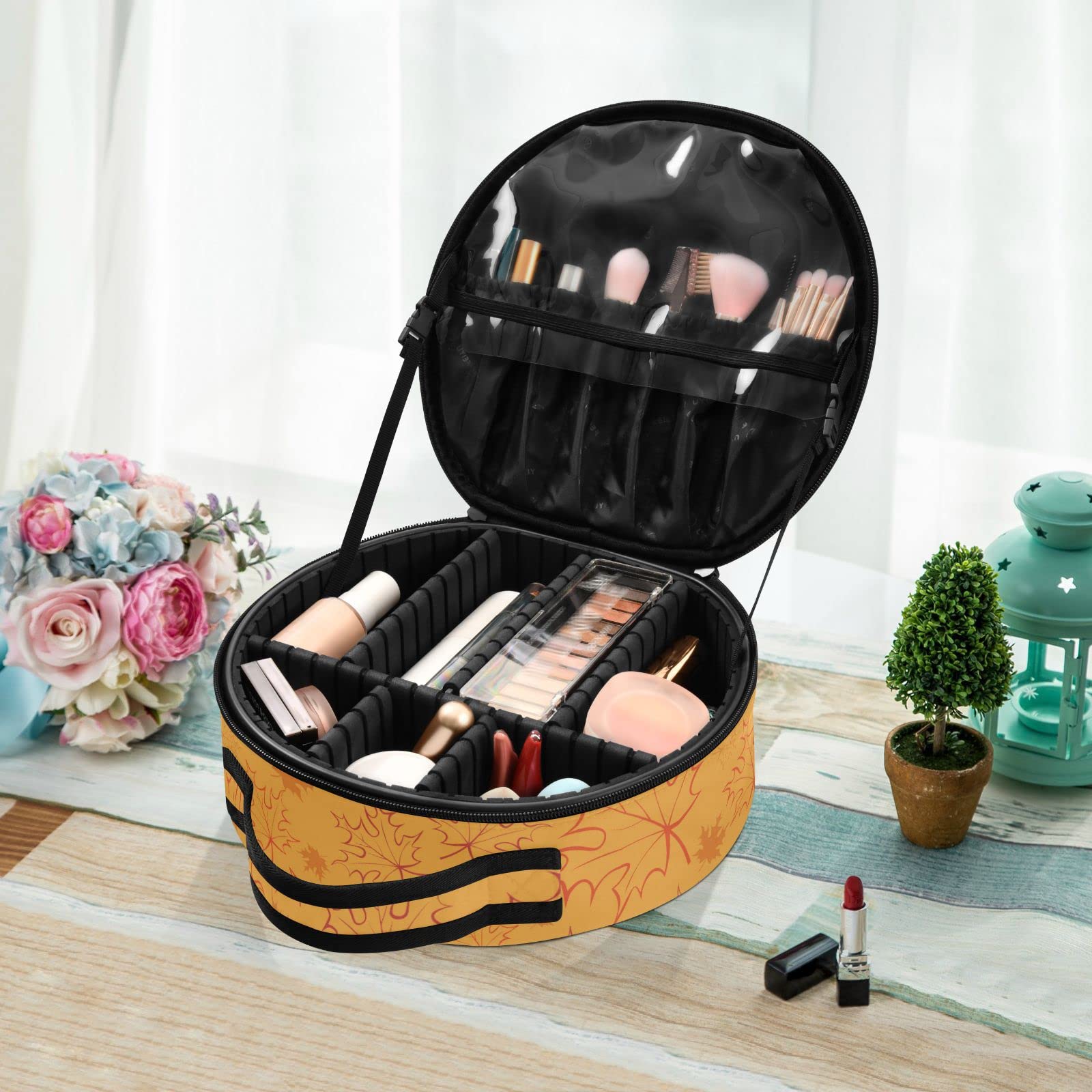 Linqin Travel Makeup Organizer Bag for Women - Portable Cosmetic Case with Adjustable Dividers, Toiletry & Jewelry Organizer, Skincare Pouch for Brushes & Cosmetics (Maple Leaf Design) - Perfect for Travel, Home Storage & Daily Use