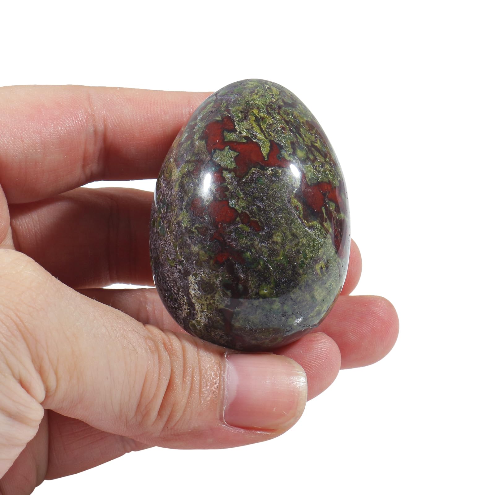 Healing Crystal Stone Egg Figurine - Polished Dragon Bloodstone Easter Egg Sphere with Wooden Stand (1.8 Inch) - Perfect for Meditation, Home Decor & Spiritual Gifts