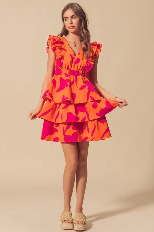 Stylish Orange Layered Resort Dress with Elastic Waist - Perfect for Beach Vacations, Summer Parties & Tropical Getaways