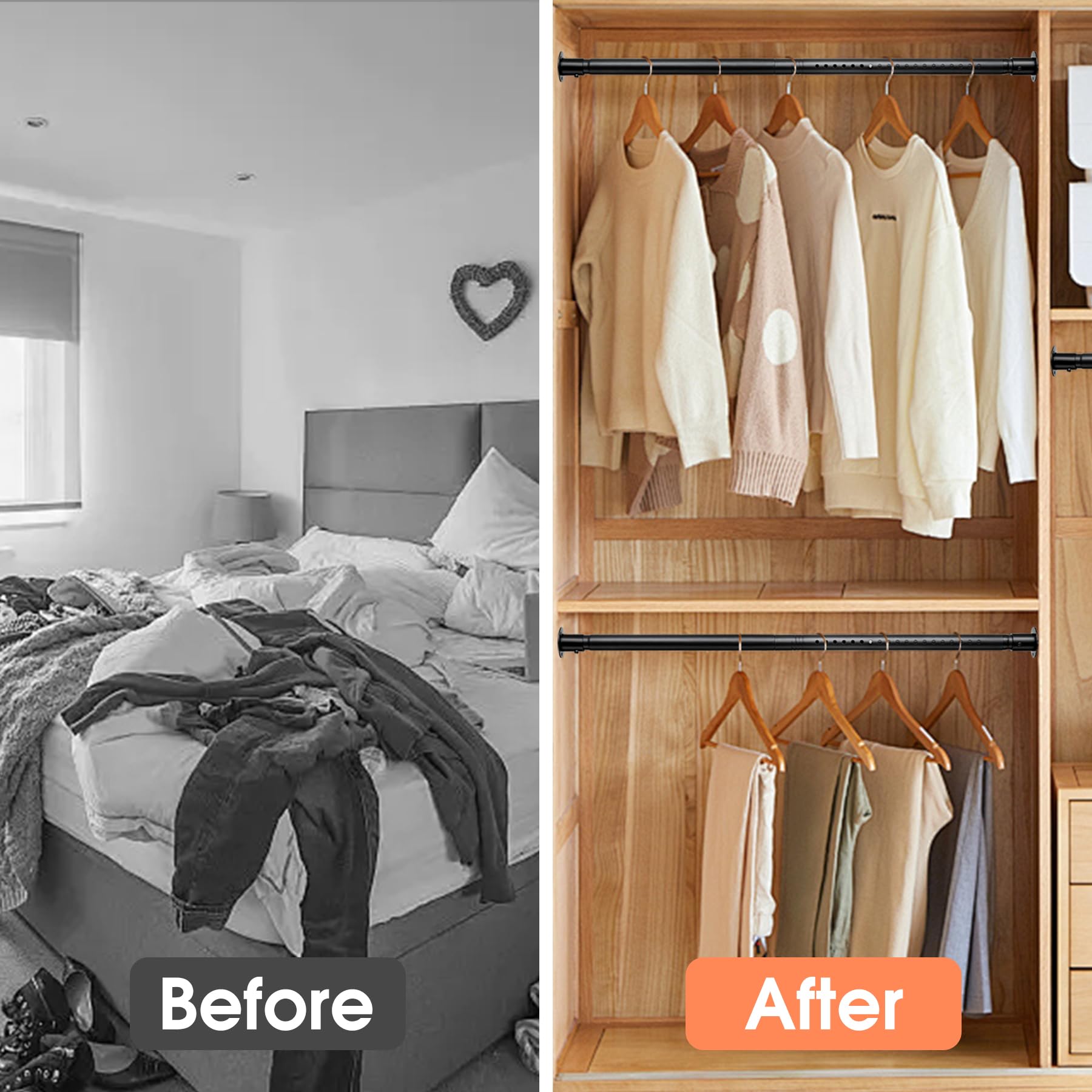Adjustable Heavy Duty Closet Rod 17-96 Inch - Metal Garment Hanging Organizer for Wardrobes & Closets | Perfect for Hanging Clothes, Coats & Shower Curtains