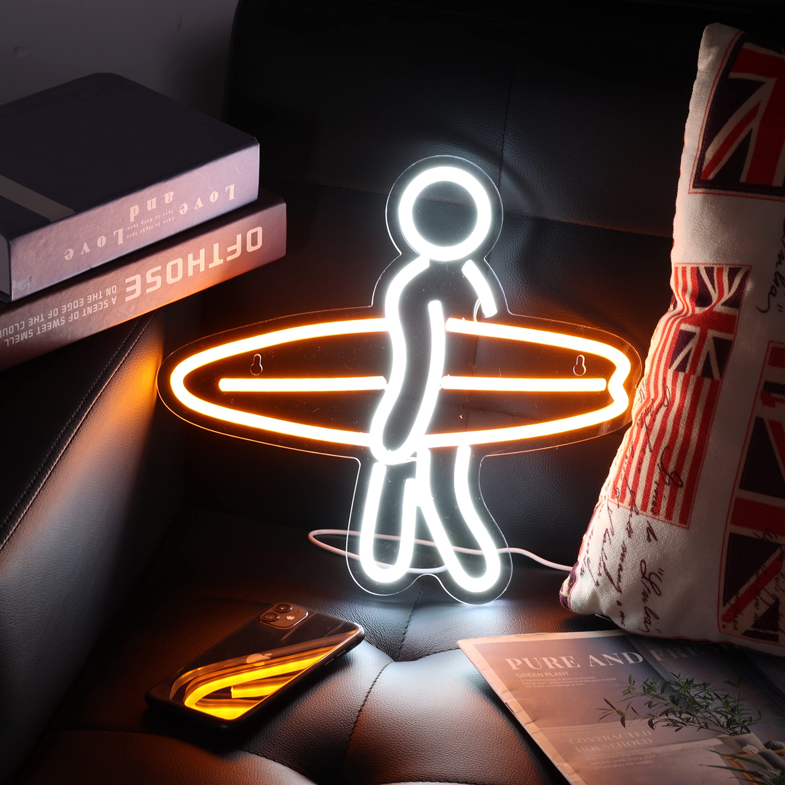 Surfer Neon Sign - Aesthetic Dimmable LED Wall Decor for Bedroom, Anime Room & Game Room - 13x12 Inches Orange Neon Light - Perfect for Teen Room, Dorm Decor & Man Cave Lighting