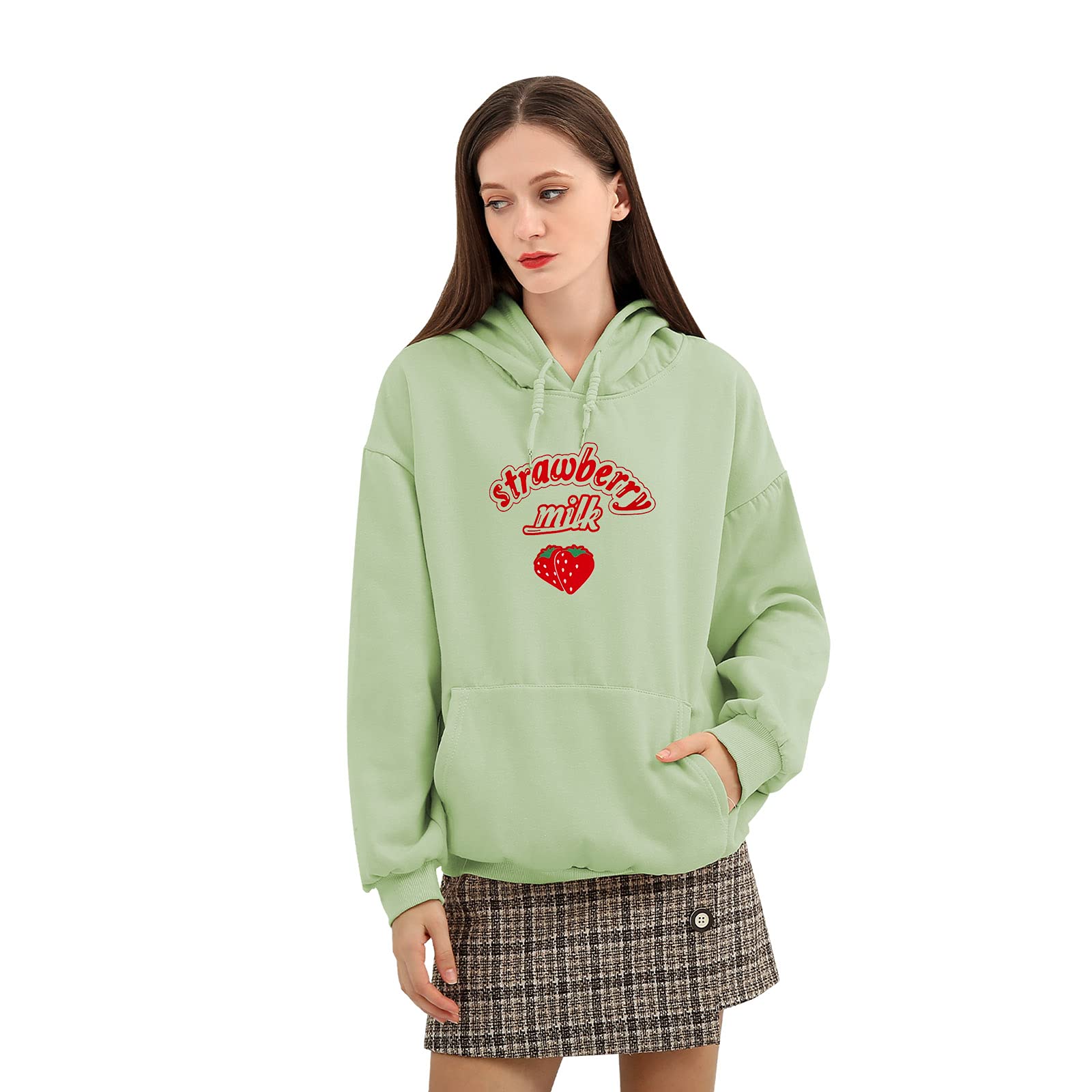 KEEVICI Women's Cute Strawberry Milk Hoodie - Korean Harajuku Style Cotton Loose Long Sleeve Kawaii Sweatshirt with Pockets for Casual Wear, Street Fashion & Anime Cosplay